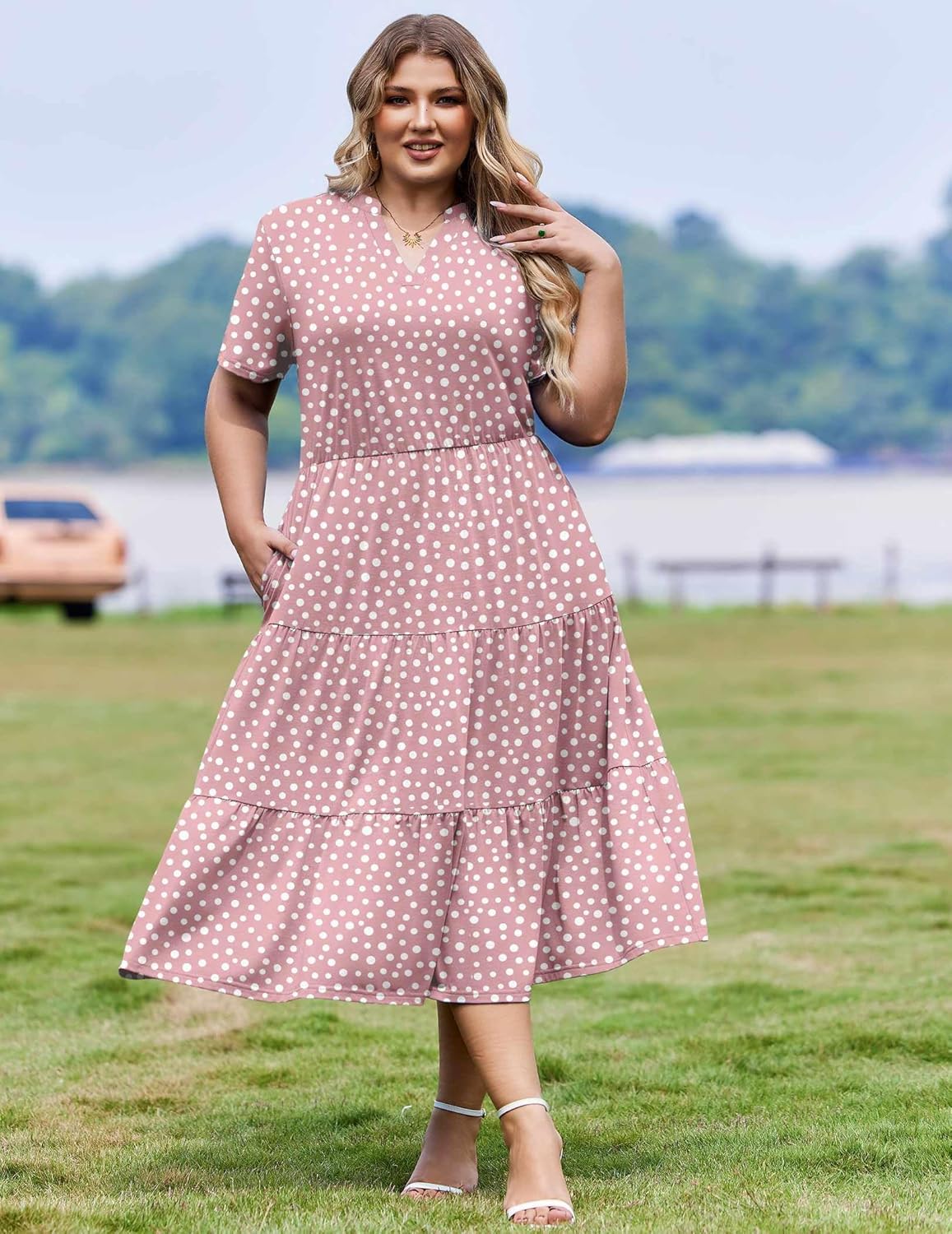 IN'VOLAND Women Plus Size Summer Dresses V Neck Short Sleeve Midi Dress with Pockets Flowy A-line Tiered Beach Sundress 1X-5X - Image 2