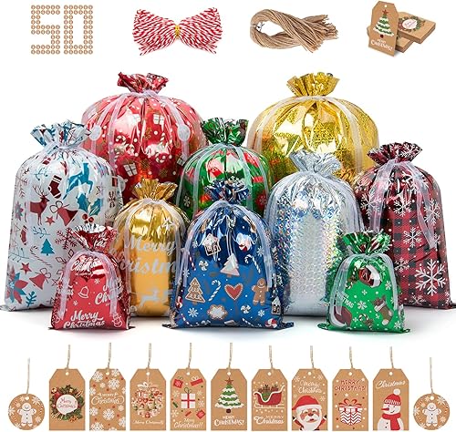 Bolsas de regalo de Navidad, 50 bolsas de regalo gigantes con cordón para regalos, 60 etiquetas de papel kraft y 2 lazos de cinta de 390 pulgadas, 6