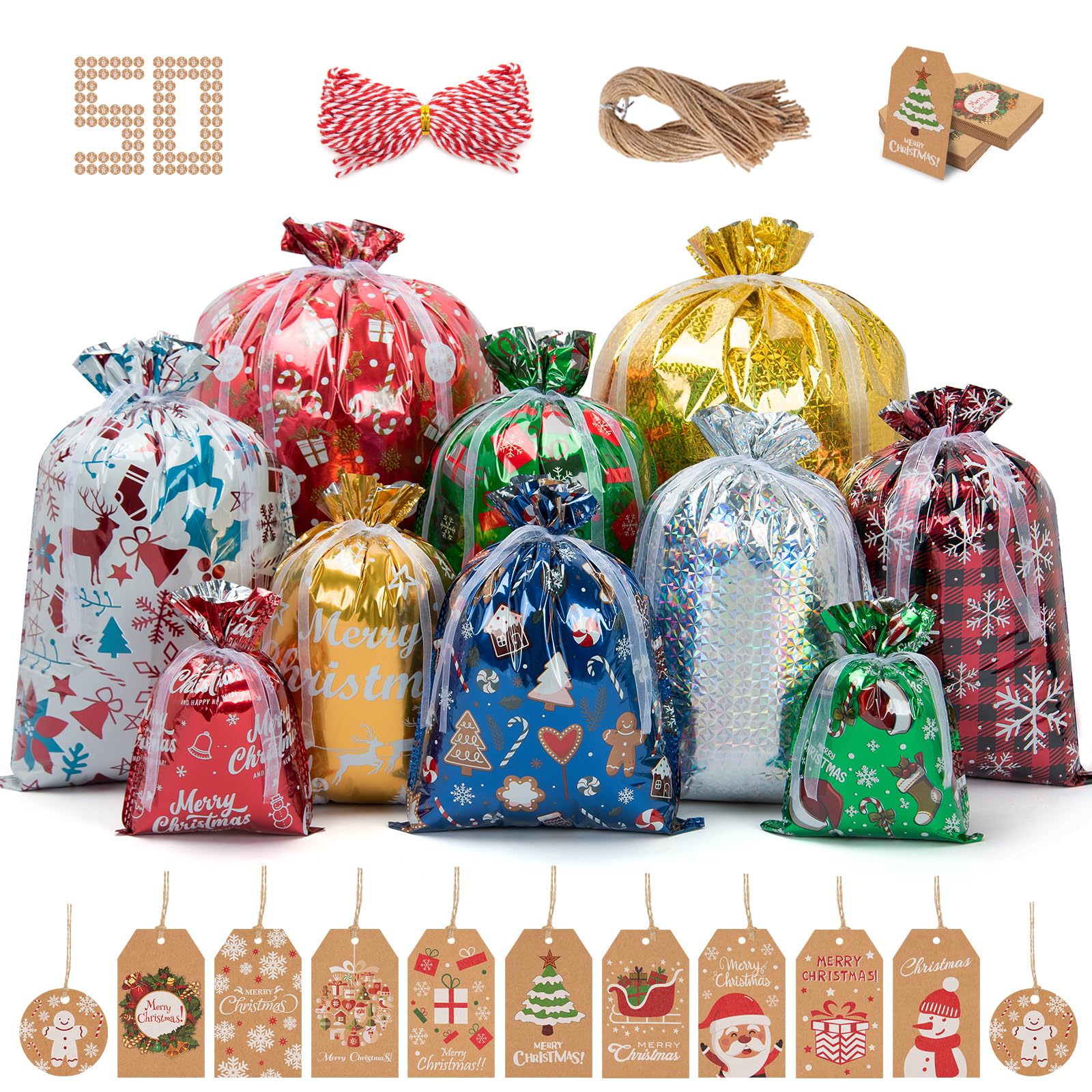 Lousrnman 50PCS Christmas Gift Bags, 50× Large Drawstring Bags for Presents, 60× Kraft Paper Tags and 2× 390in Ribbon Ties, 10× Patterns Holiday Gift Bags in 5× Sizes (Large Jumbo Medium Small)