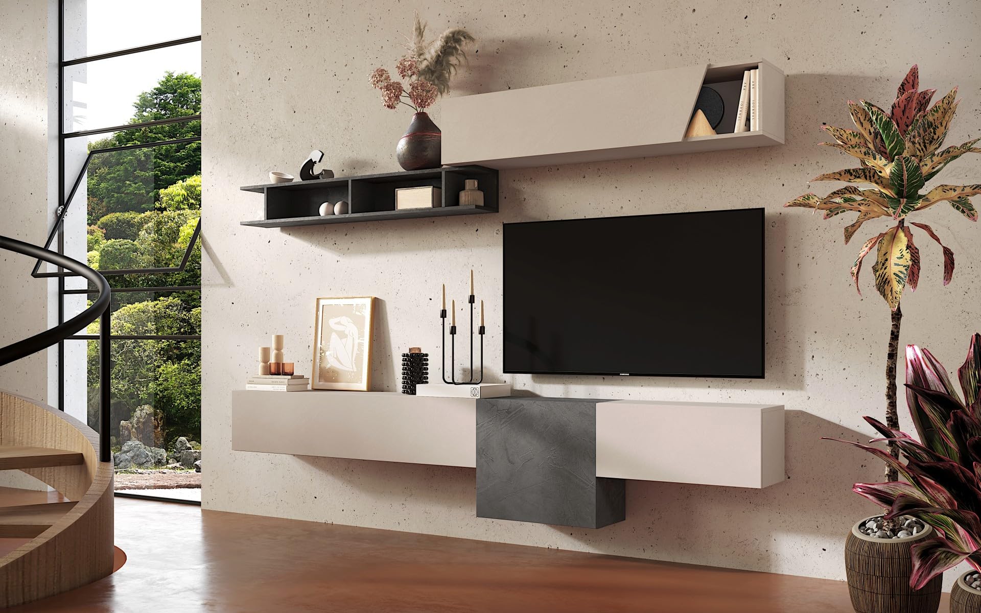 Parete Attrezzata Soggiorno Design Moderno 262x202 cm Composta da Pensili Orizzontali e Cubo e 1 Mensola Mobile Porta TV Sospeso Beige e Piombo PAL68