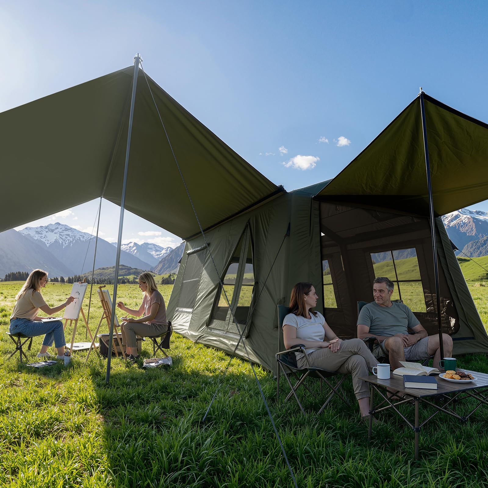 MOPHOTO Aufblasbares Zelt Camping, Wasserdicht Oxford, Pumpe, 4-12 Personen | UPF 50+ Beschichtung,Aufbau in 5 Minuten, 5/6 große Netzfenster, integrierte Ofenrohröffnung