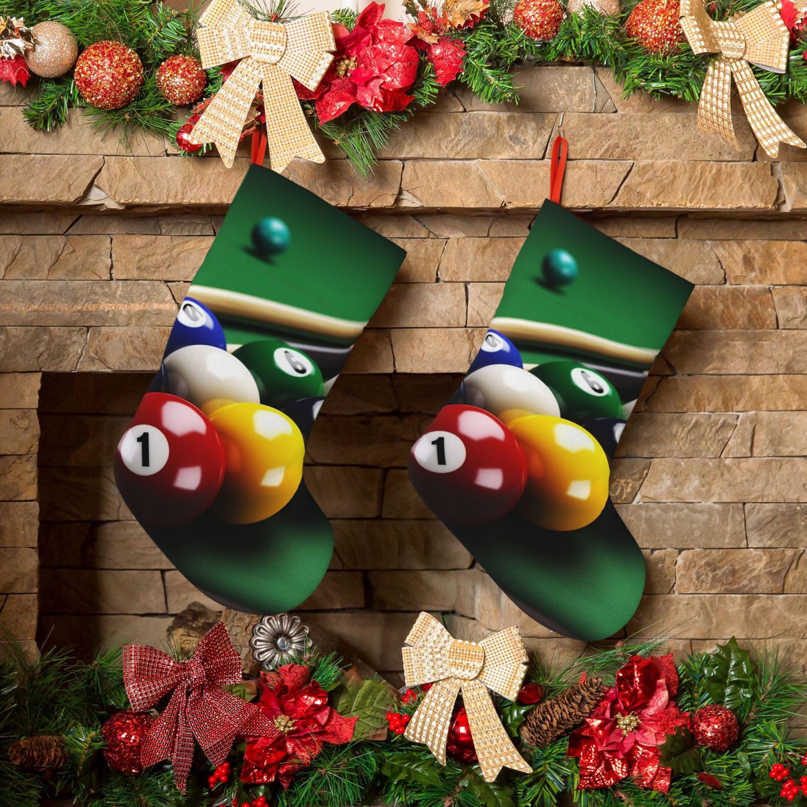 Billiards Christmas Stockings 18 Inches Velvet Xmas Fireplace Hanging Stocking Rustic Christmas Santa Stockings for Home Christmas Decorations Party Favor Supplies