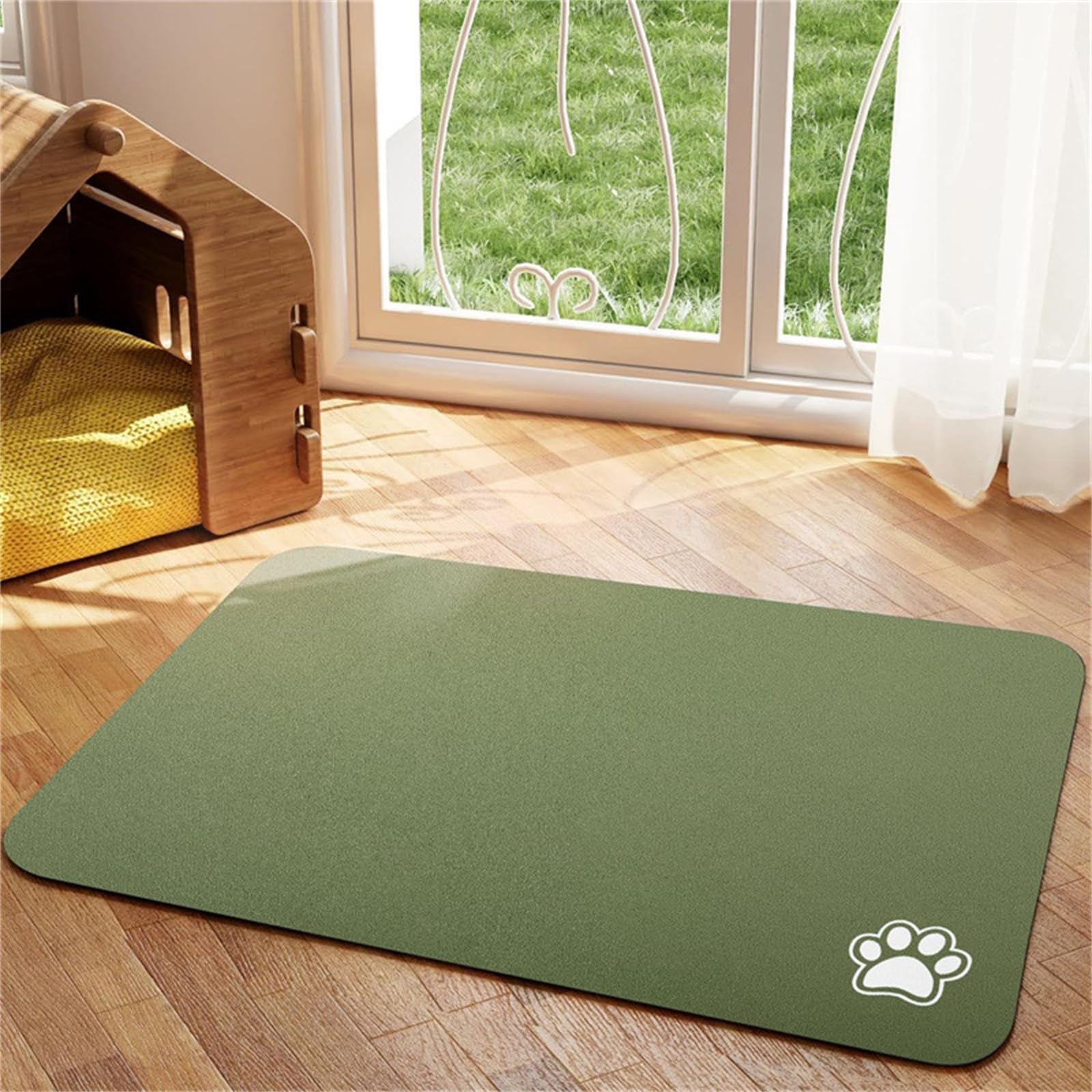 Hixingo Pet Food Mat, Absorbent Quick Dry Pet Feeding Mat with Non-Slip, No Stains Dog Cat Placemat Dog Bowl Food and Water Bowl for Messy Drinkers Floors -Simple Color (Green,30x50cm)