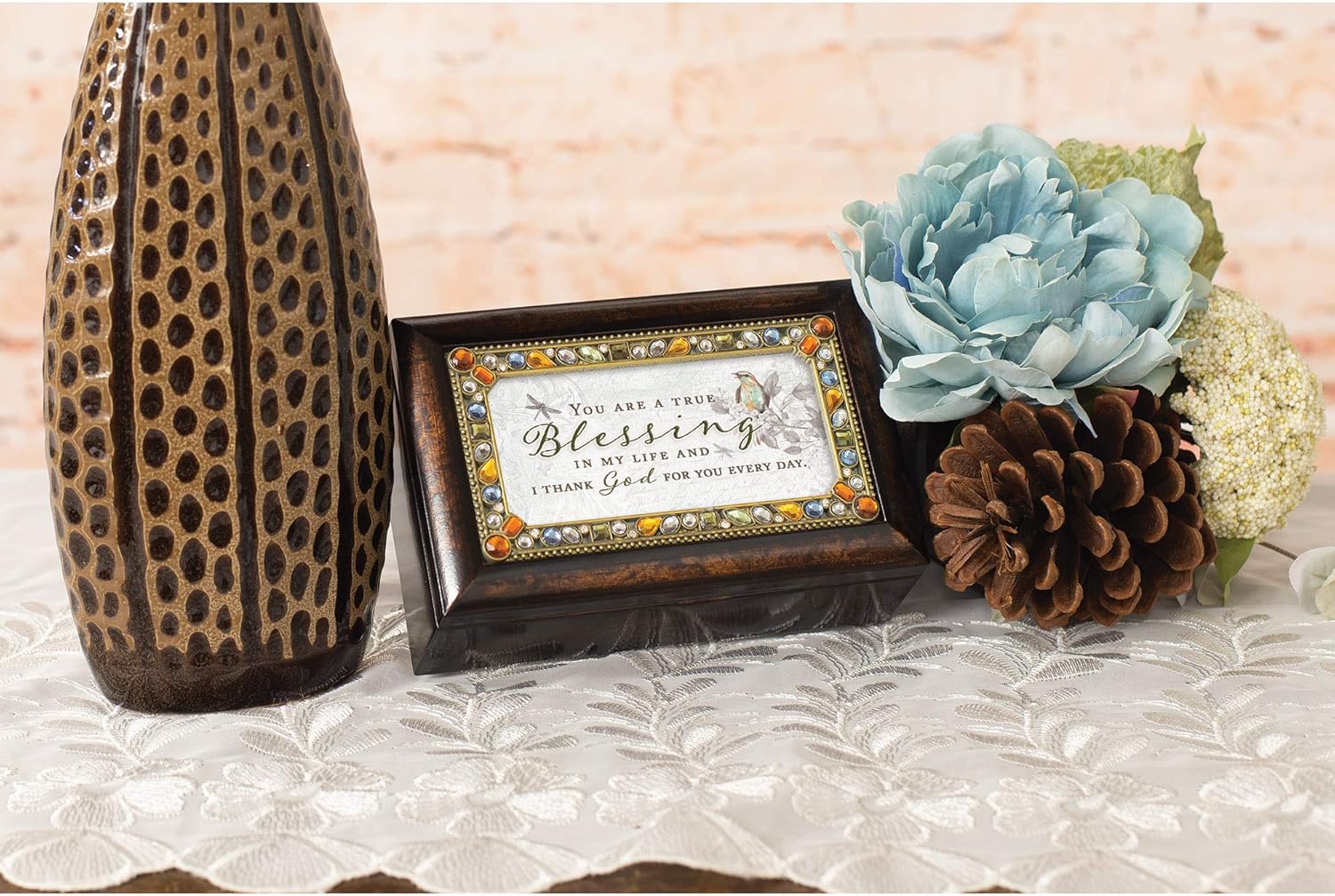 Cottage Garden Blessing in My Life Thank God Amber Earth Tone Jeweled Petite Music Box Plays Amazing Grace