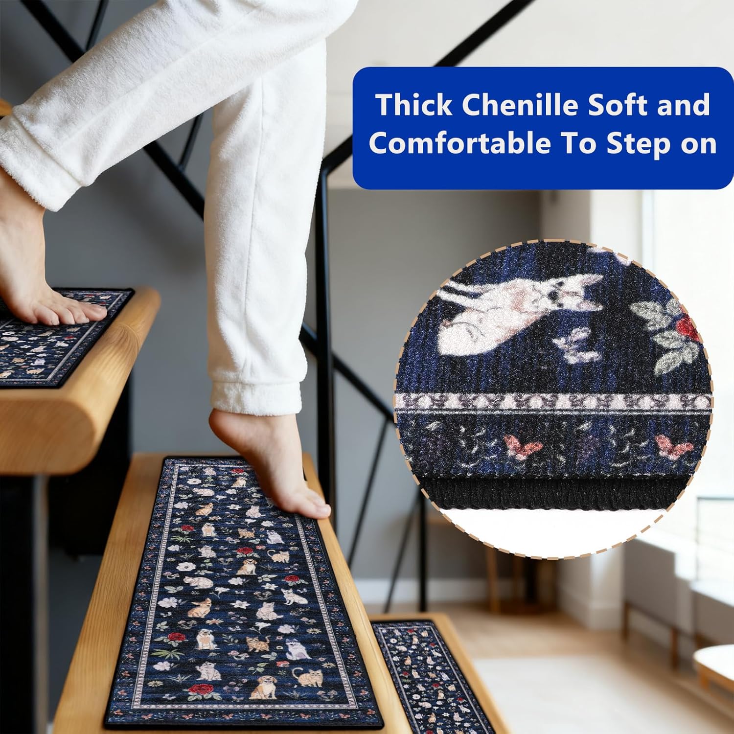 Animal Cat Dog Stair Treads Non Slip for Wooden Steps 15PCS 8"x30" Stair Carpet Treads TPR Backing Soft Stair Runner Washable Reusable Indoor Safety Stair Mats for Elders Kids Dogs Dark Blue