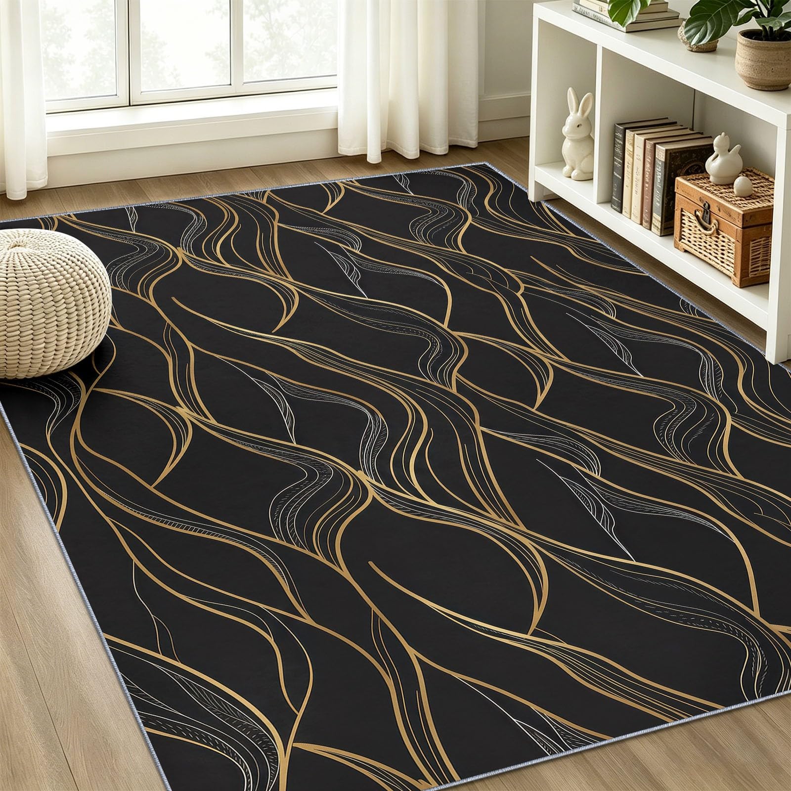 Tapis Salon Moderne Luxueux 160 x 230 cm, Montagnes Géométrique Motifs Ondulés Lignes Lavable en Machine Tapis, Noir AntidéRapant Poil Ras Moquette pour Chambre Salle a Manger Descente Bureau Cuisine
