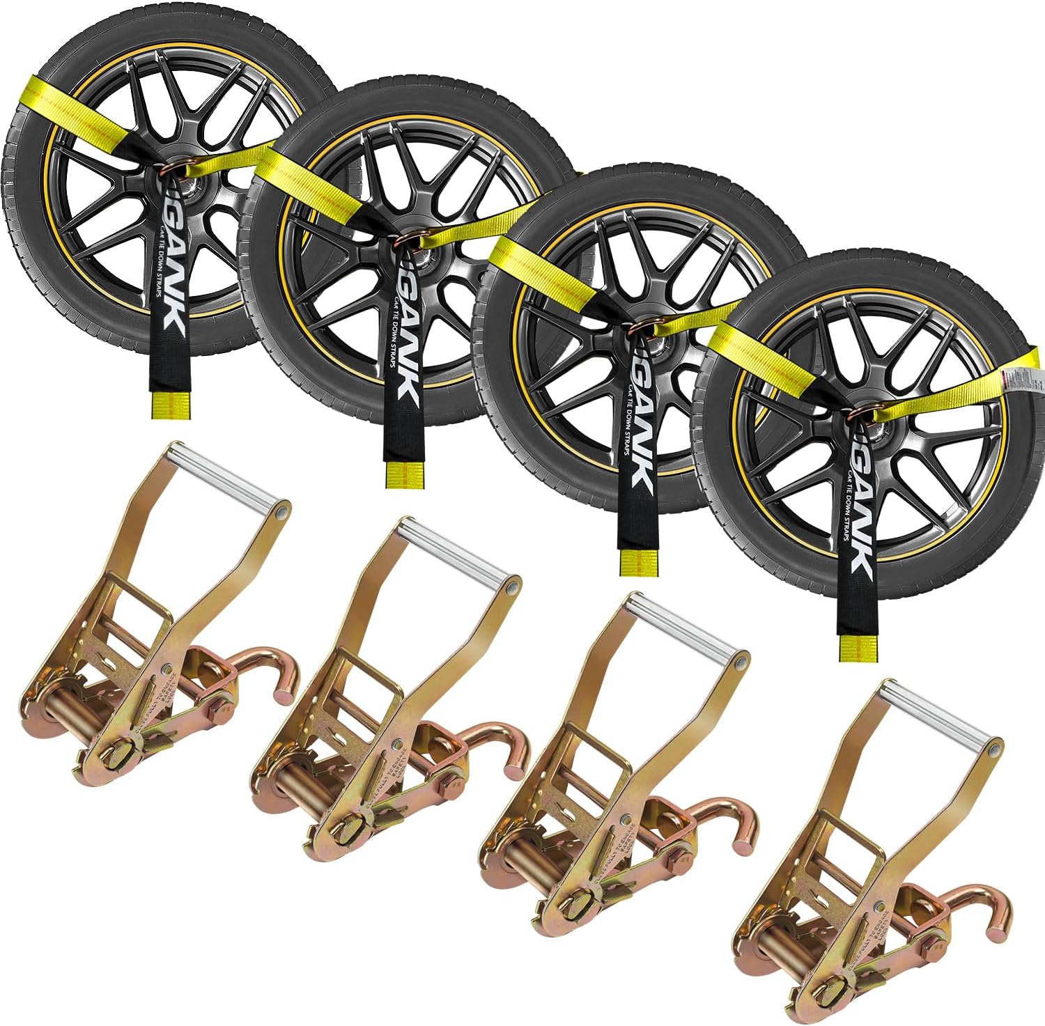 Car Tie Down Straps (4PK) with J Finger Hook Lasso Ratchet Strap 2 Inch x 96 Inch- for Any Car, SUV, Jeep or Sports Car