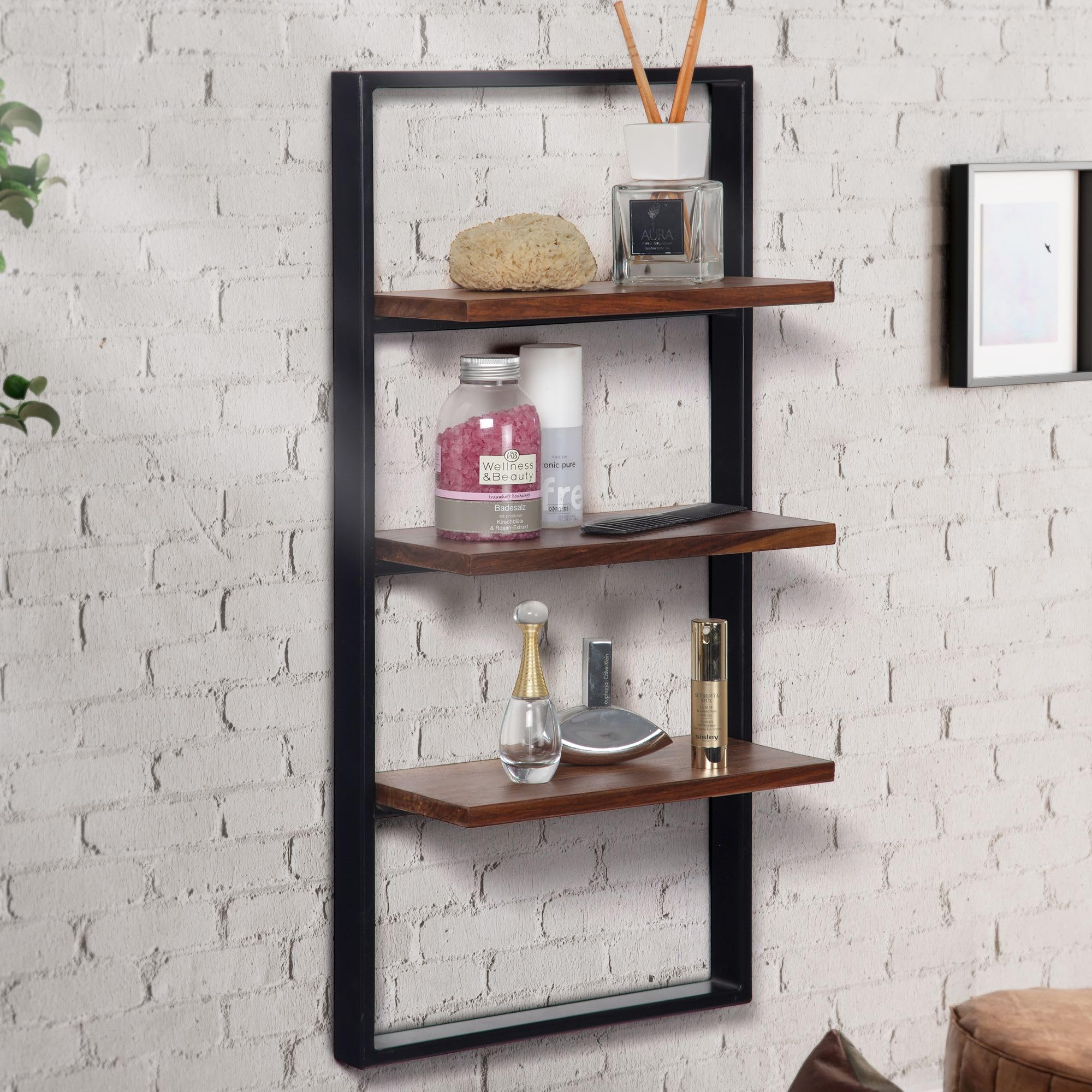MFLASMF Lange Wandrek Industrieel Boekenplank Eenheid, Houten en Metalen IJzeren Drijvende Planken, Decoratieve Hangende Plank Opslag Rekken Unit Organizer voor Woonkamer Slaapkamer Kwekerij, Zwart (Maat: 130×20×72cm