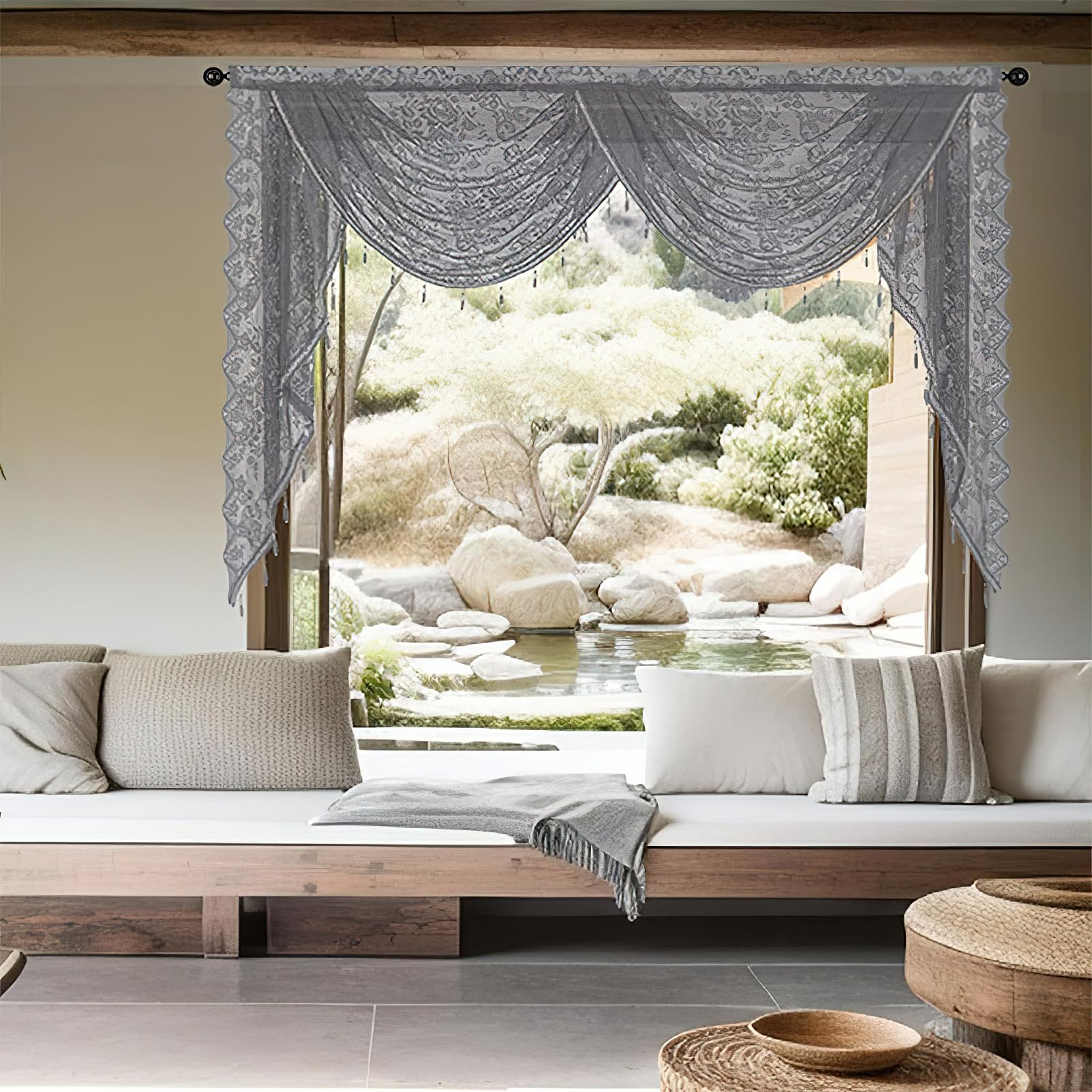 apott Grey Swag Valance for Windows Waterfall Valance Curtains Beaded Voile Swags Small Lace Drapes for Living Room Bedroom Party 59x 41 Inch - Image 4