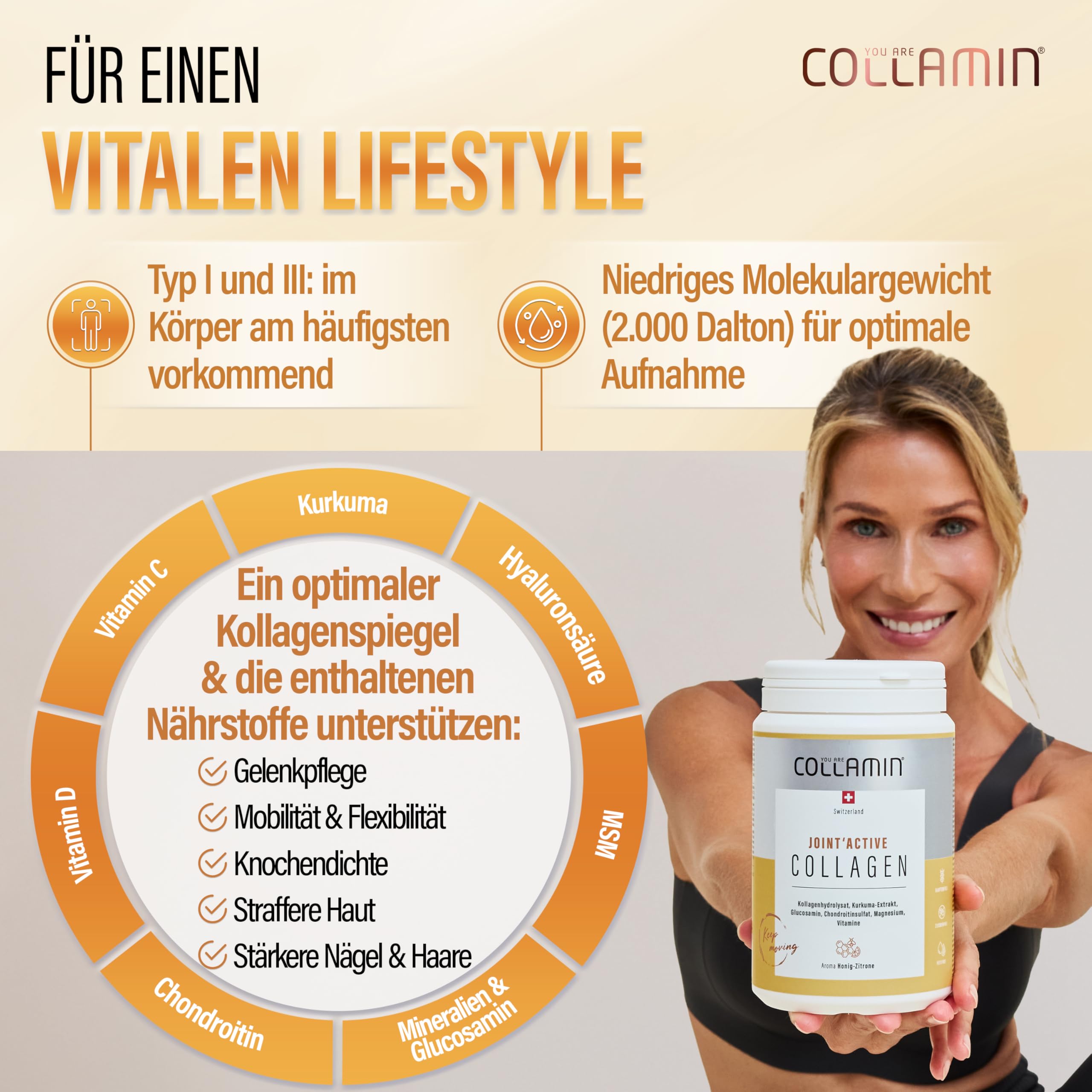 Joint'Active Collagen Pulver - 480g I Kollagen Pulver mit Kurkuma, Vitamin C, Hyaluron & Mehr I Hydrolysiertes Kollagen (Rind) mit Honig-Zitronen Aroma I Kollagen - Made in Switzerland