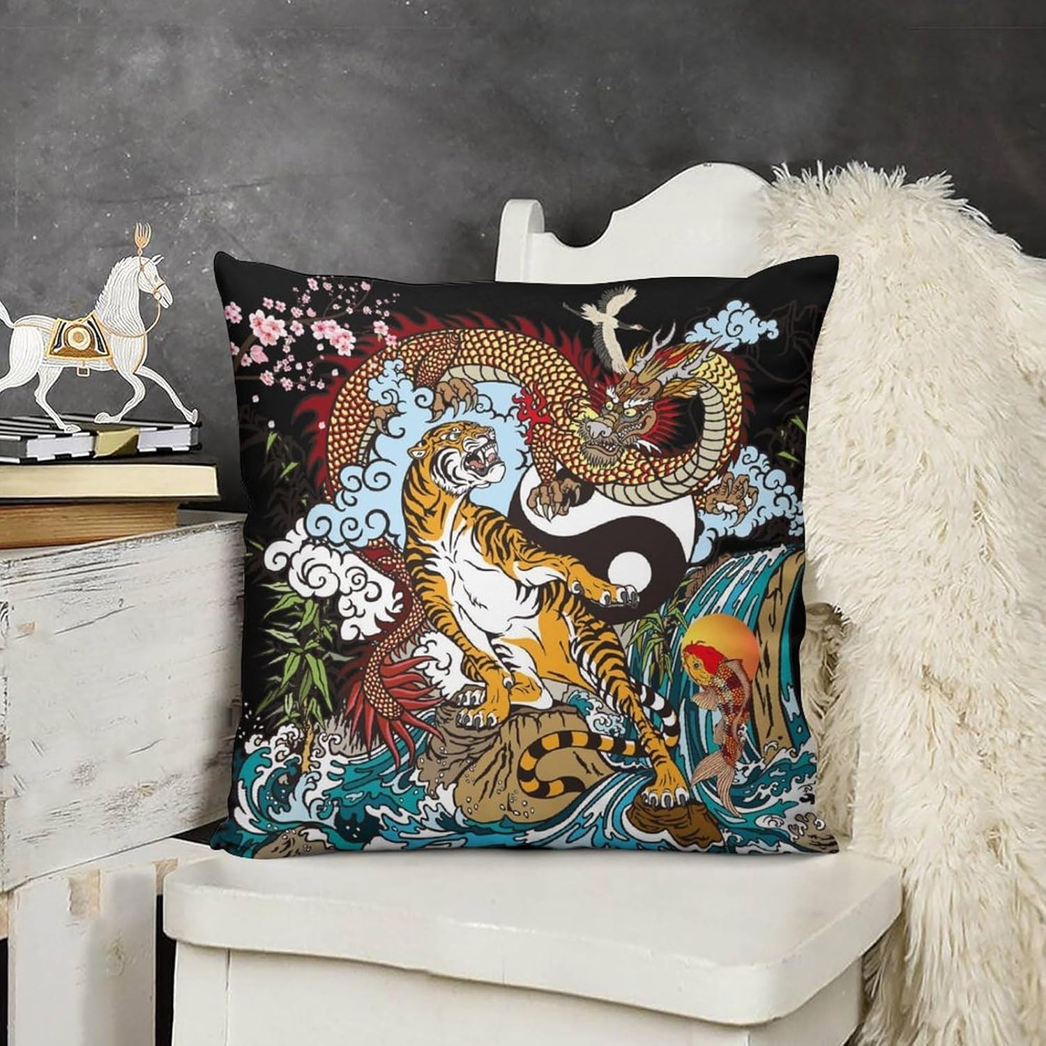 Dragon Pillow Covers Tiger Koi Fish White Crane Dragons Japanese Style Print Pattern Decor Throw Cozy Soft Pillowcase Cushion Cover for Living Room Bedroom Couch Bed (2Pcs Set), 20x20in