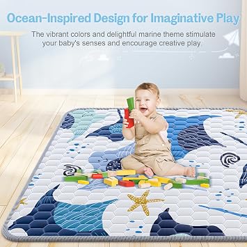 Omzer Baby Play Mat 47x47 Inch Thick & Soft Cushioned Playmat for Playpen | Non-toxic Fabric, Non-Slip Silicone Backing, Machine Washable, Fresh & Cute Ocean Designs, Mat for Infants, Babies, Toddlers