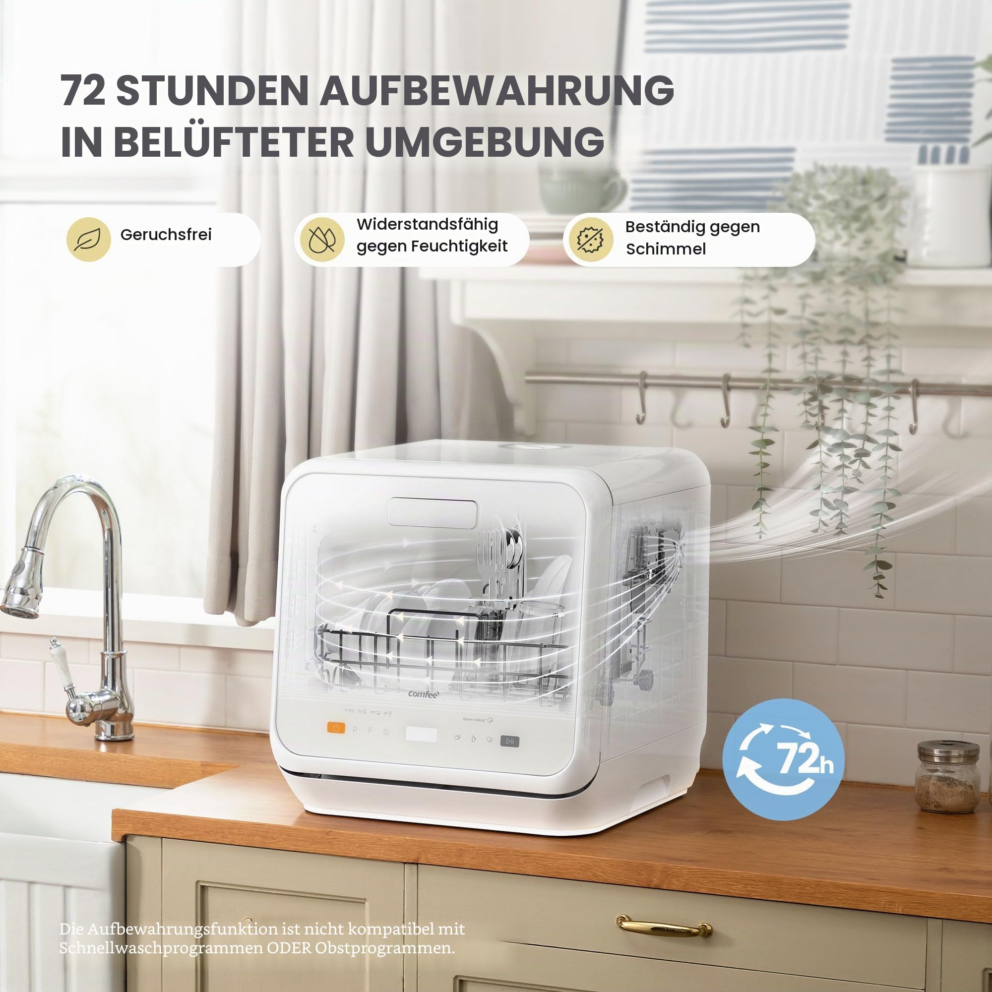 COMFEE Mini-Tischgeschirrspüler mit 6 Programmen, Dampfwäsche, Startzeitvorwahl, Weiß