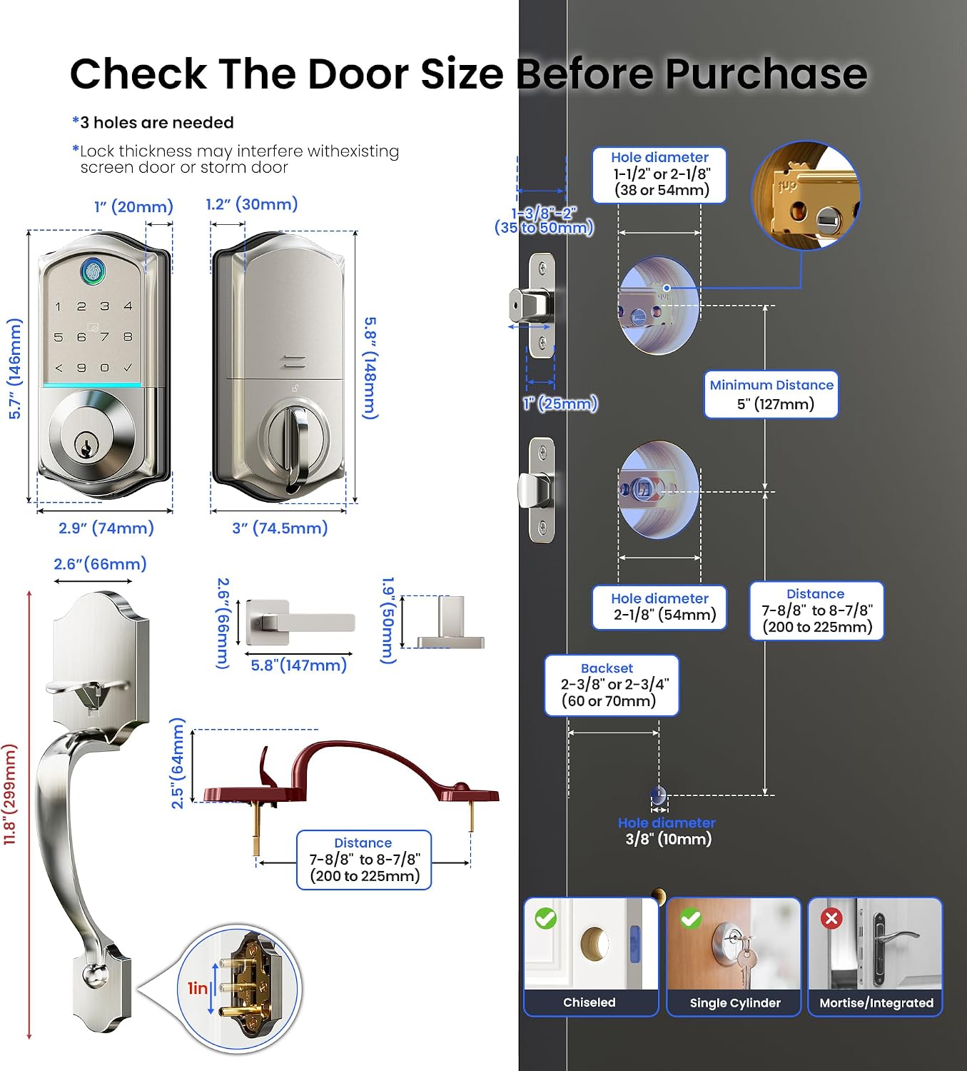 Diagram showing door dimensions and compatibility requirements for Veise smart lock installation.