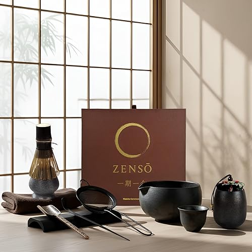 ZENSO Juego de batidor Matcha de alta calidad, kit de ceremonia de té matcha japonés de 10 piezas, cuenco matcha, recipiente de té, batidor de bambú