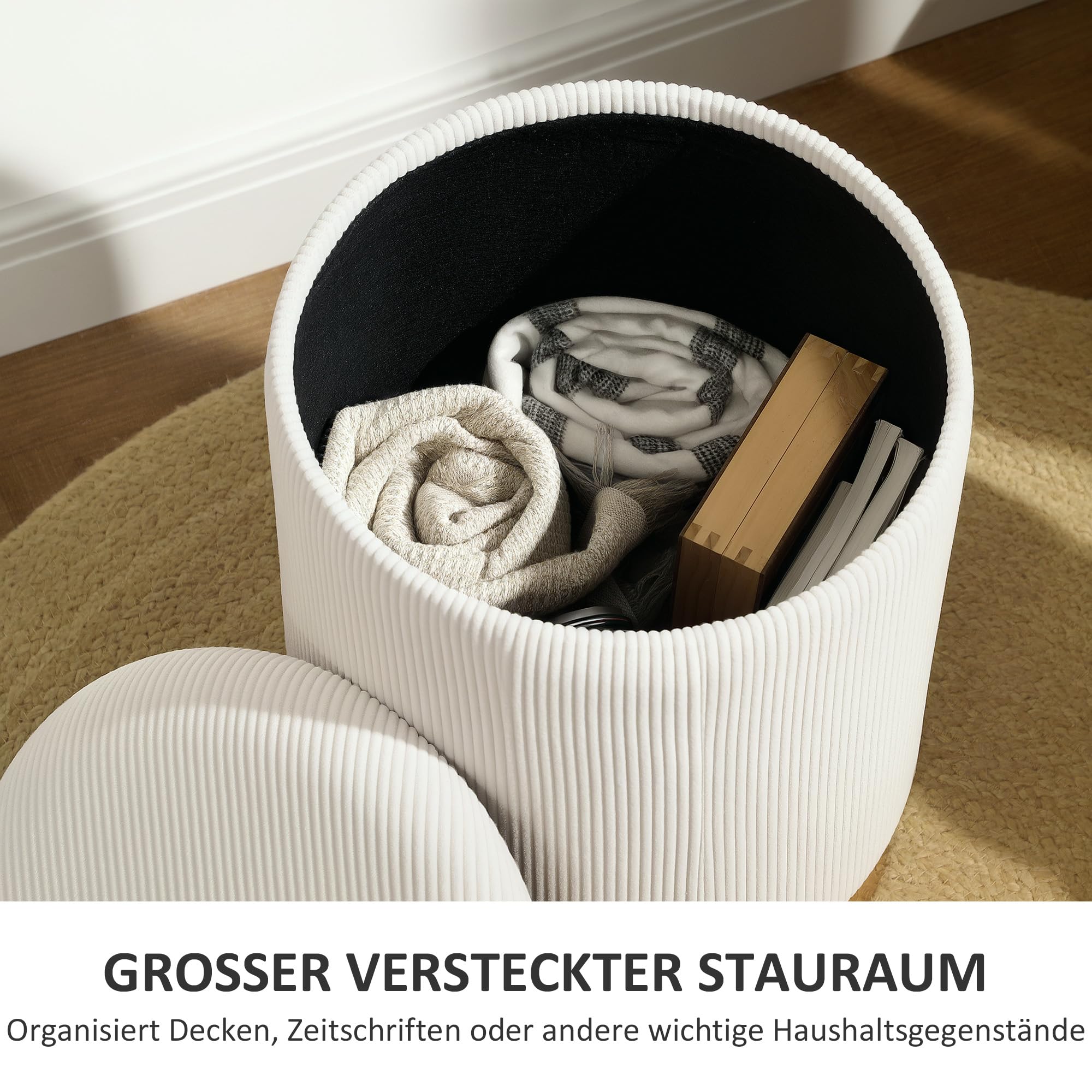 HOMCOM Sitzhocker mit Stauraum Stahlboden 36 x 36 x 44 cm Cremeweiß | Hocker mit Deckel, Runder Fußhocker, Polsterhocker mit Fußpads, Kordoptik