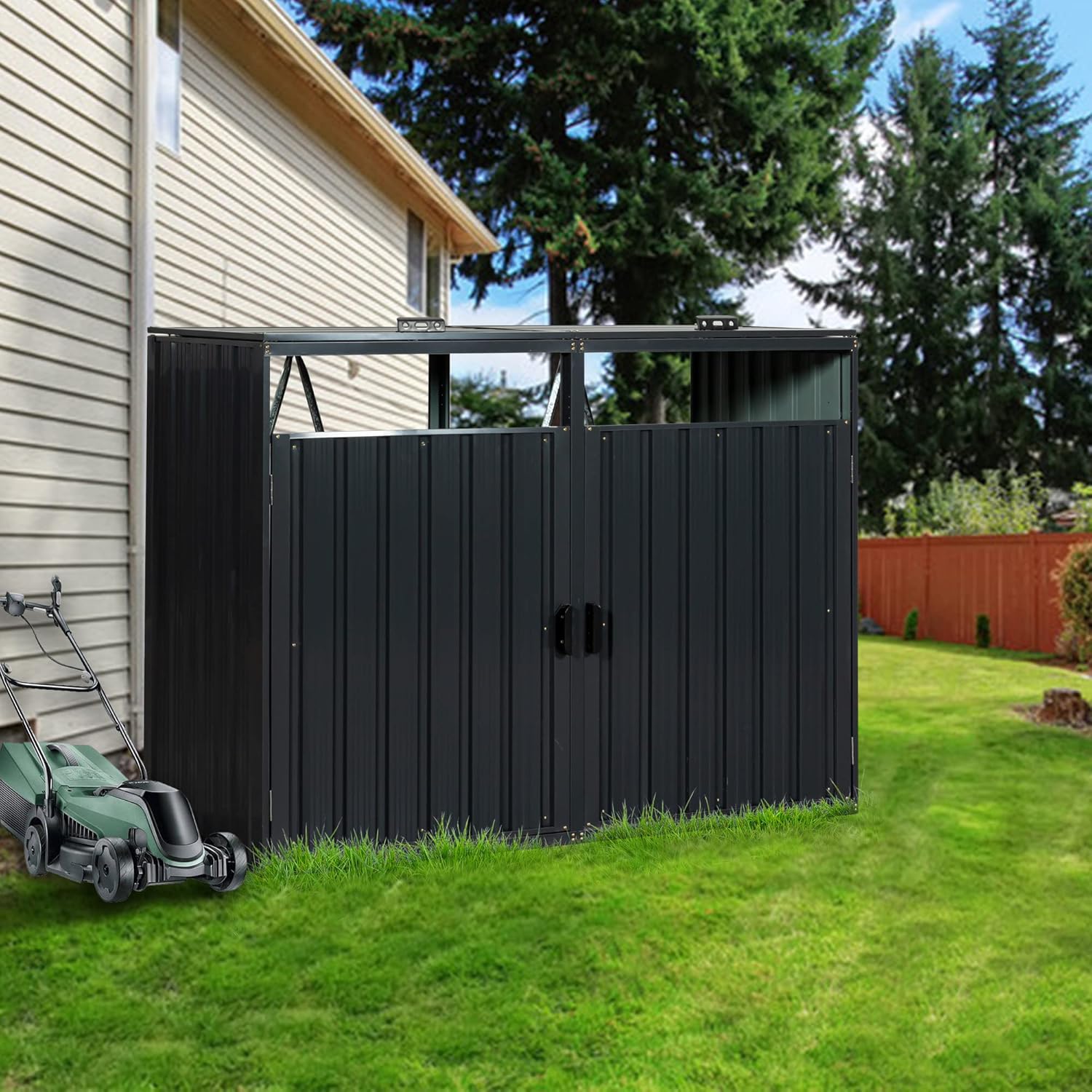Metal Garbage Bin Shed for 2 Trash Cans, Outdoor Bin