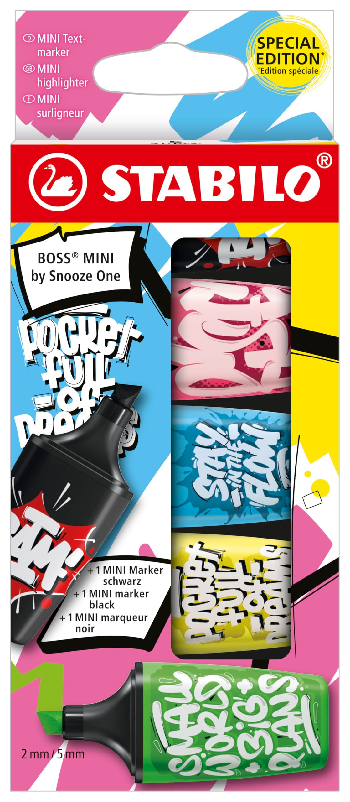 STABILO BOSS MINI by Snooze One - Highlighter - Pack of 5 - Pink, Blue, Yellow, Green, Black