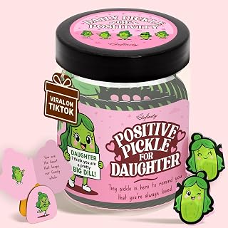 STOFINITY Positive Pickle Daughter Jar, 60 Notes, Wood Stand | Gift for daughter or daughter in law, birthday, graduation, Christmas, 60 uplifting notes, wooden stand