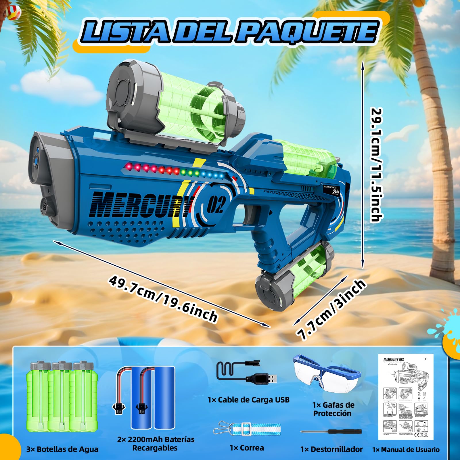 FORMIZON Pistola de Agua Eléctrica, Pistola de Agua de Largo Alcance con Luces y Efectos Musicales, Pistolas de Agua Automática para Niños y Adultos Verano, Playa, Piscina
