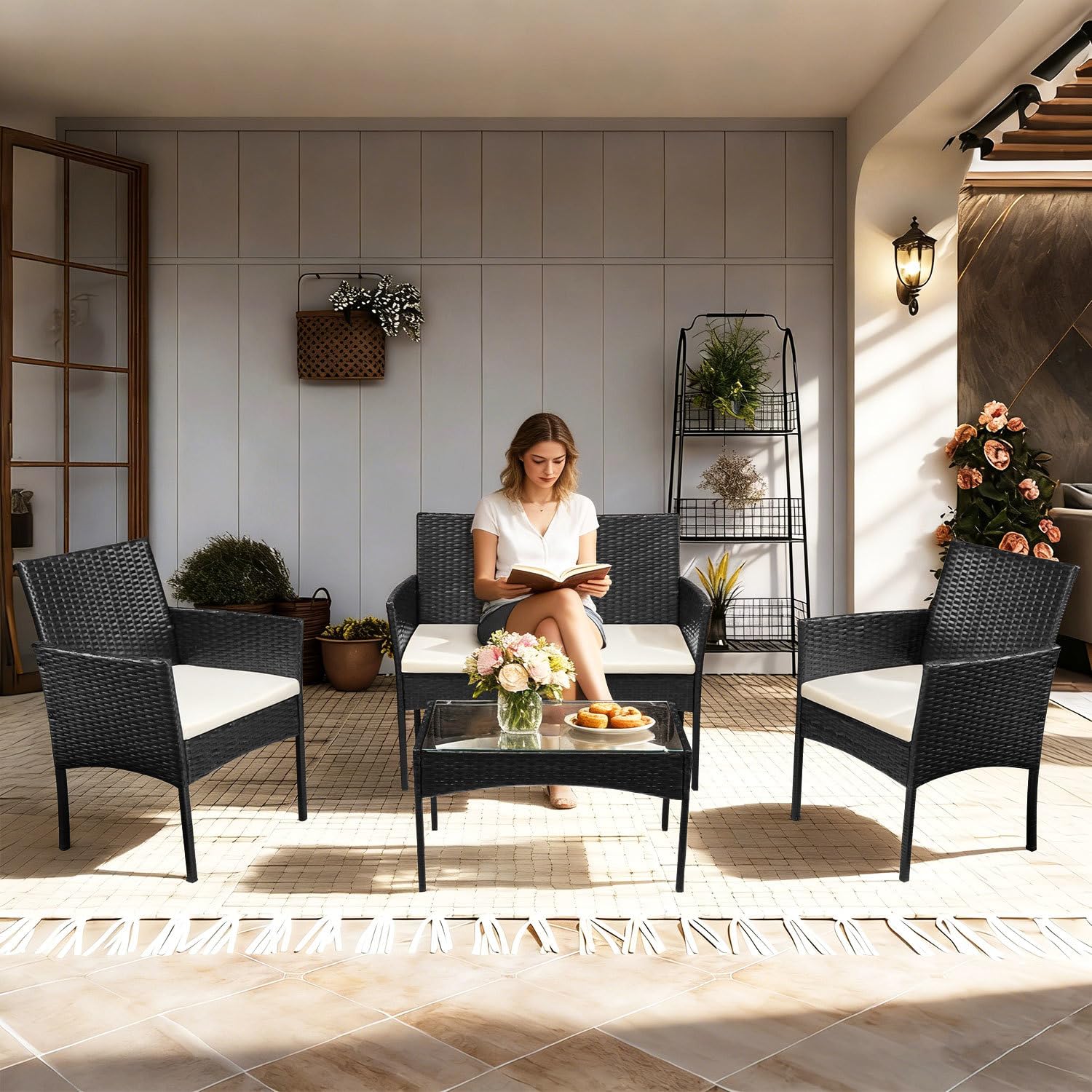 Ensemble de meubles de jardin 4 pièces en rotin synthétique avec table en verre, 2 fauteuils et canapé 2 places, salon compact avec coussins de 5 cm pour balcon, terrasse, jardin, noir