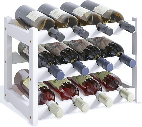 SMIBUY Botellero de bambú, Soporte para 12 Botellas, estantes de Almacenamiento Independientes de 3 Niveles para Cocina, despensa, Bodega, Bar (Blanco) - 1