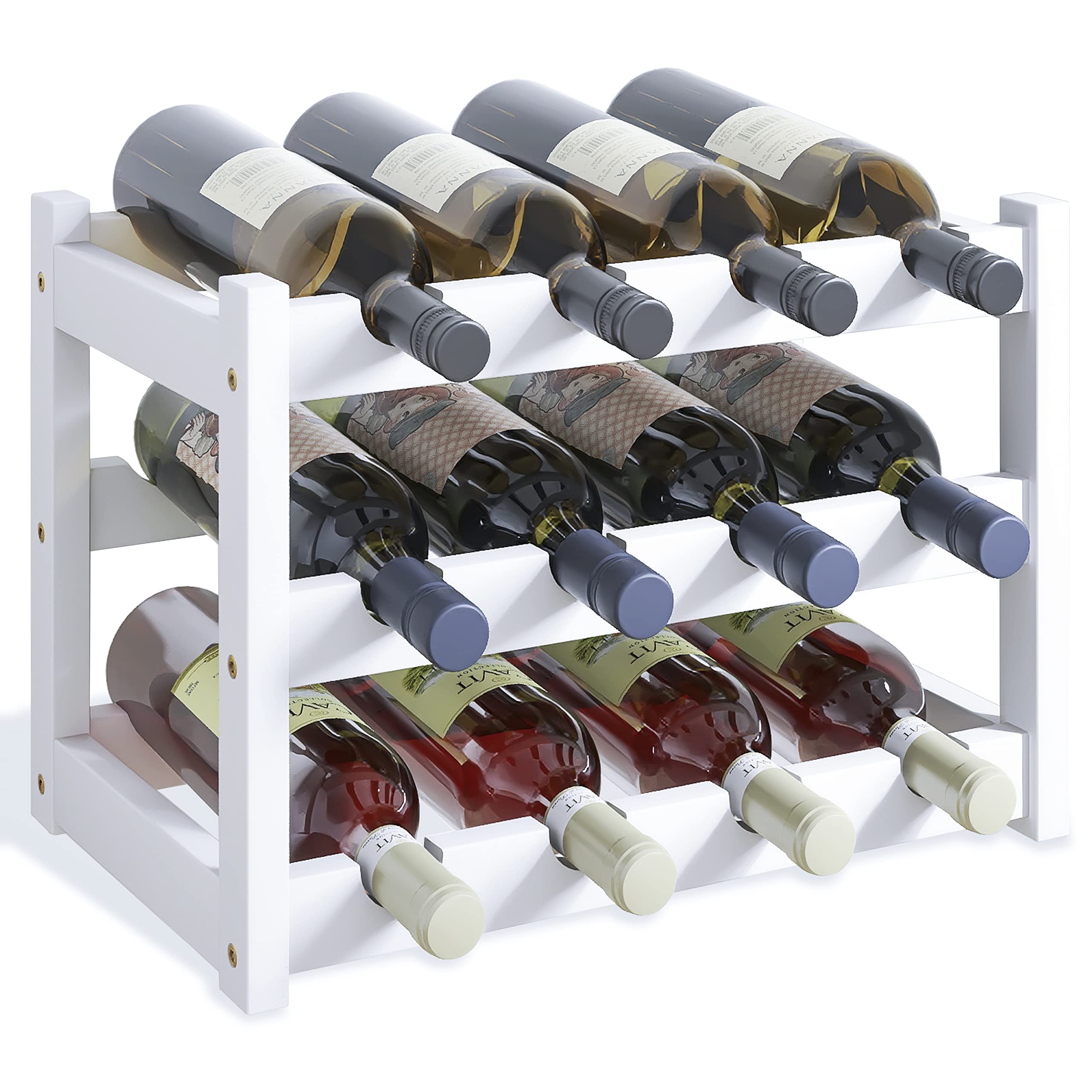 SMIBUY Botellero de bambú, Soporte para 12 Botellas, estantes de Almacenamiento Independientes de 3 Niveles para Cocina, despensa, Bodega, Bar (Blanco)
