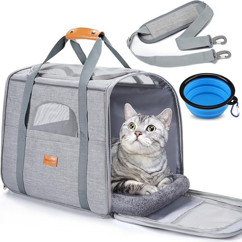 Morpilot Transportín para gatos suave para gatos grandes, medianos y cachorros de hasta 18 libras | con cojín de doble cara, hebilla segura y cuenco plegable, transportadores para perros pequeños - transportador para mascotas (gris claro)