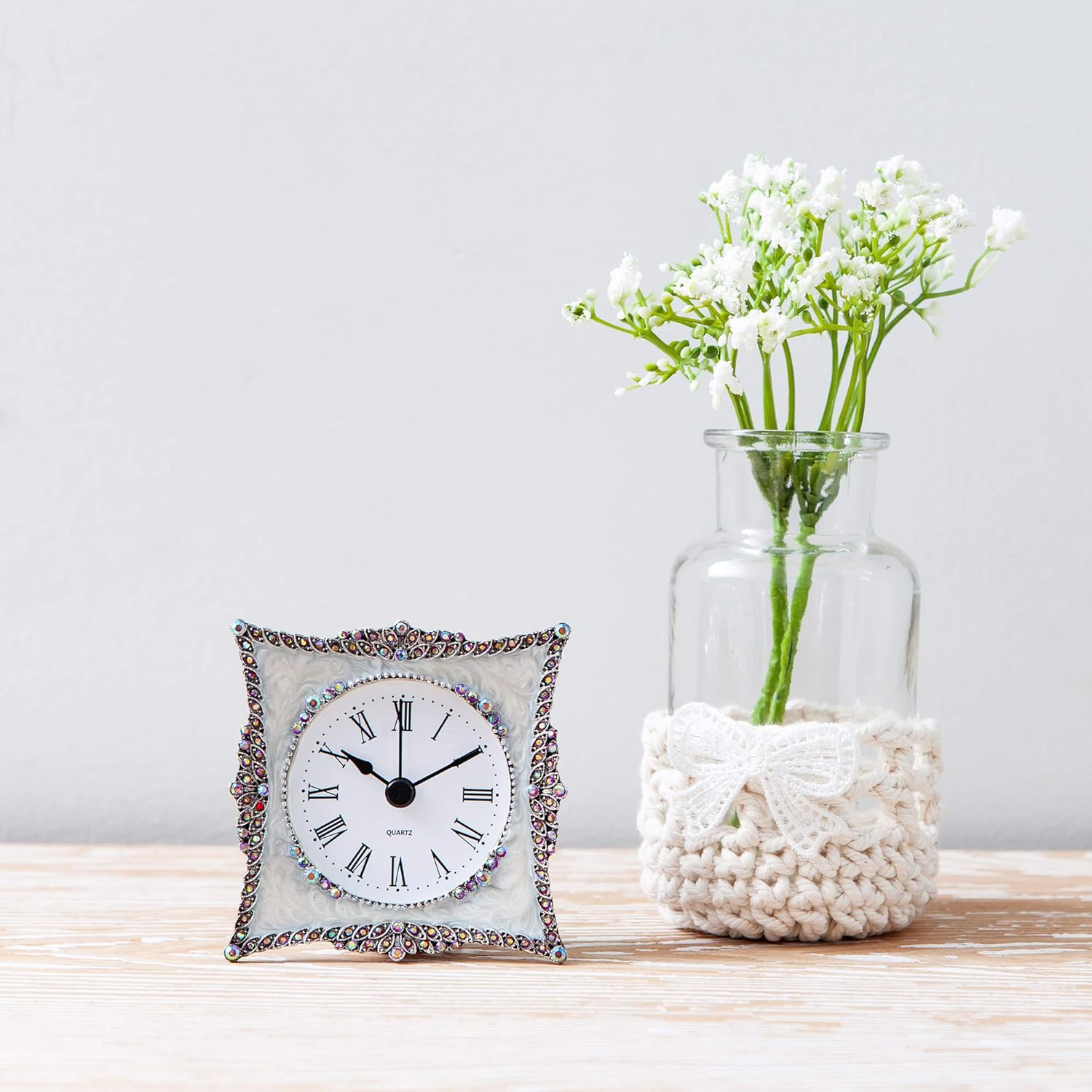 NIKKY HOME Crystal Elegant Small Quartz Analog Table Clock with Rosy Rhinestone Non-Alarm Desk Clock 3.5 by 1.5 by 3.5 Inches, White and Pink