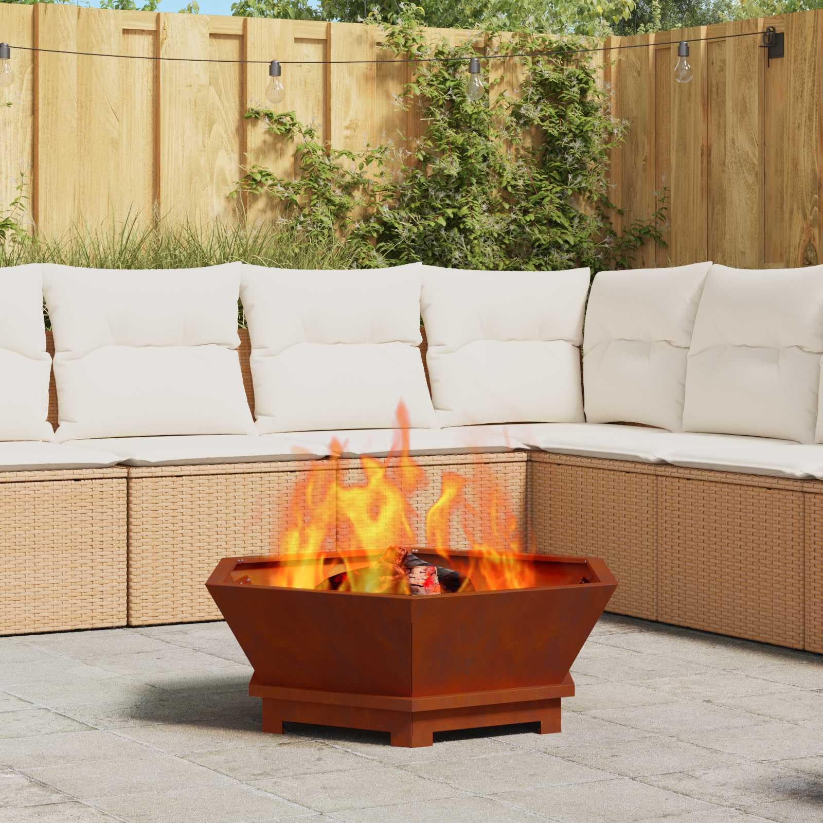 Brasero marrón de acero resistente a la intemperie, 75 x 75 x 28 cm, independiente para exterior terraza y jardín, ideal para calidez, llama y noches acogedoras al aire libre
