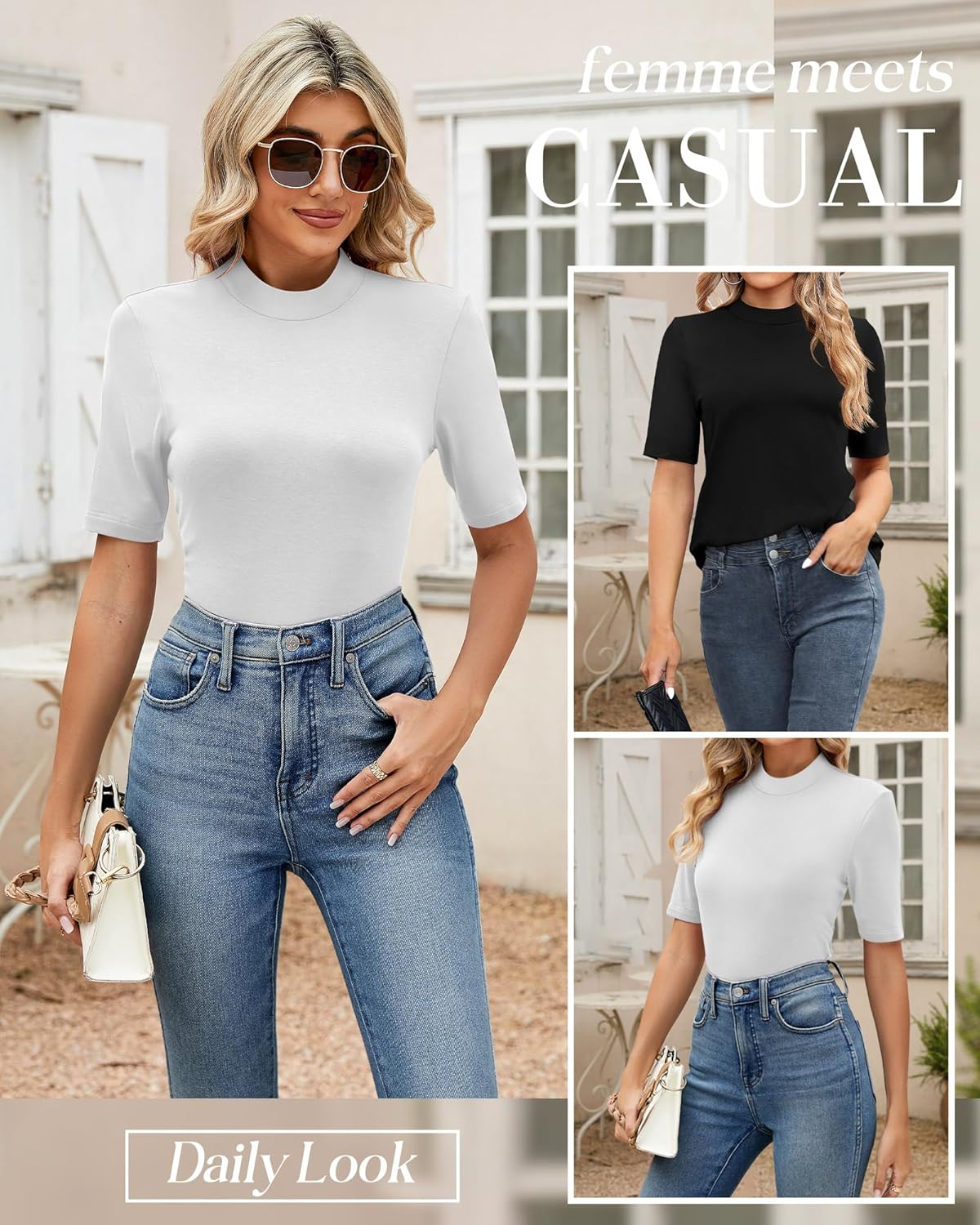 Ficerd 2 Pack Women's Mock Turtleneck T Shirts, Half Sleeve Business Casual Tunic Tops Slim Fit Summer Basic Dressy Tee Shirt - Image 6