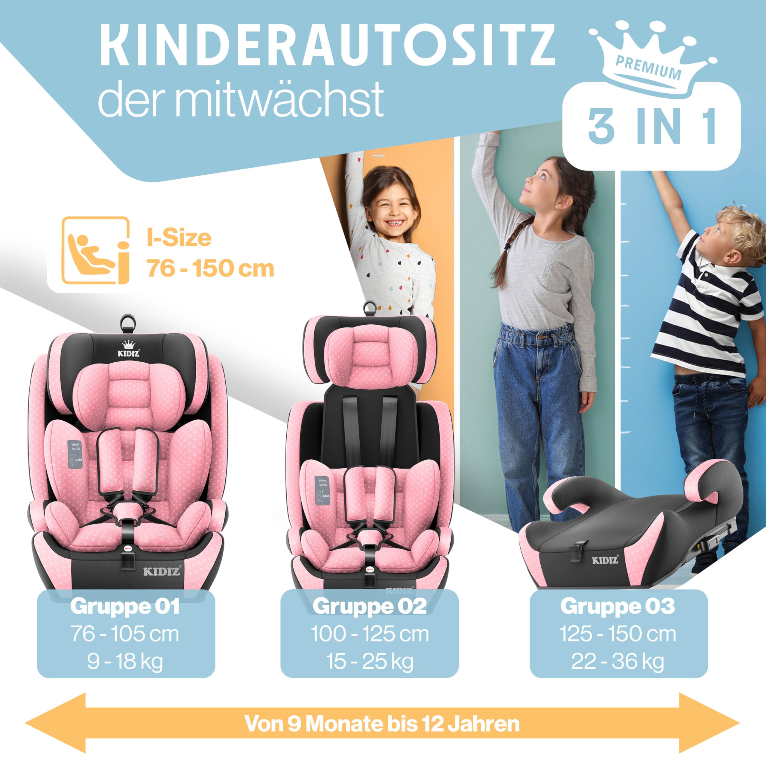 KIDIZ® Asiento infantil Triangle Premium con Isofix | Asiento infantil para coche | 9 kg – 36 kg 1 – 12 años | Grupo 1/2/3 | Universal | Homologado según ECE R129/03