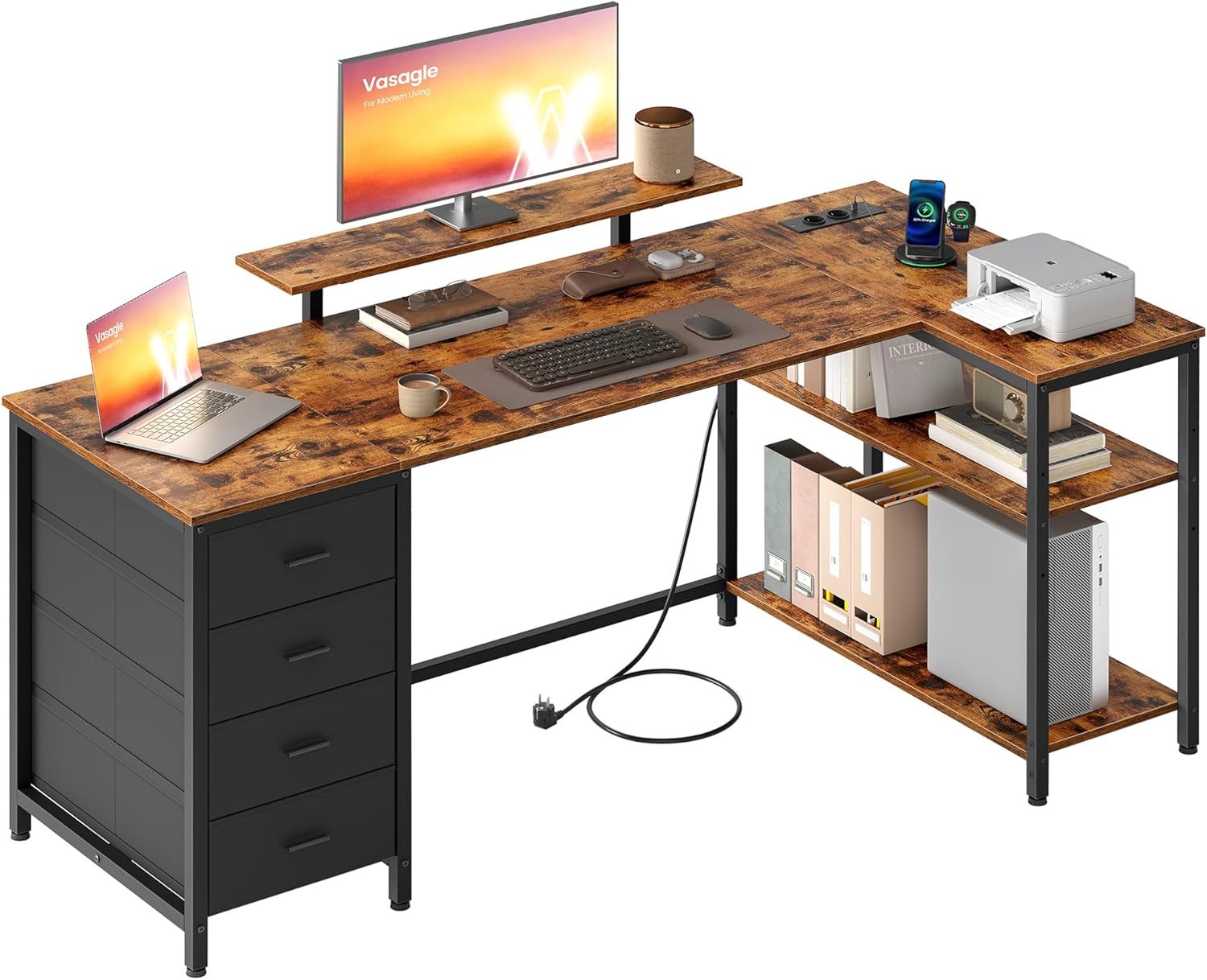VASAGLE Scrivania Angolare a L con Prese di Corrente, Scrivania da Gaming, Layout Reversibile, Ripiani Regolabili, 4 Cassetti, 2 Porte USB, Studio Ufficio, 160 x 80 cm, Marrone Vintage LWD173KD01