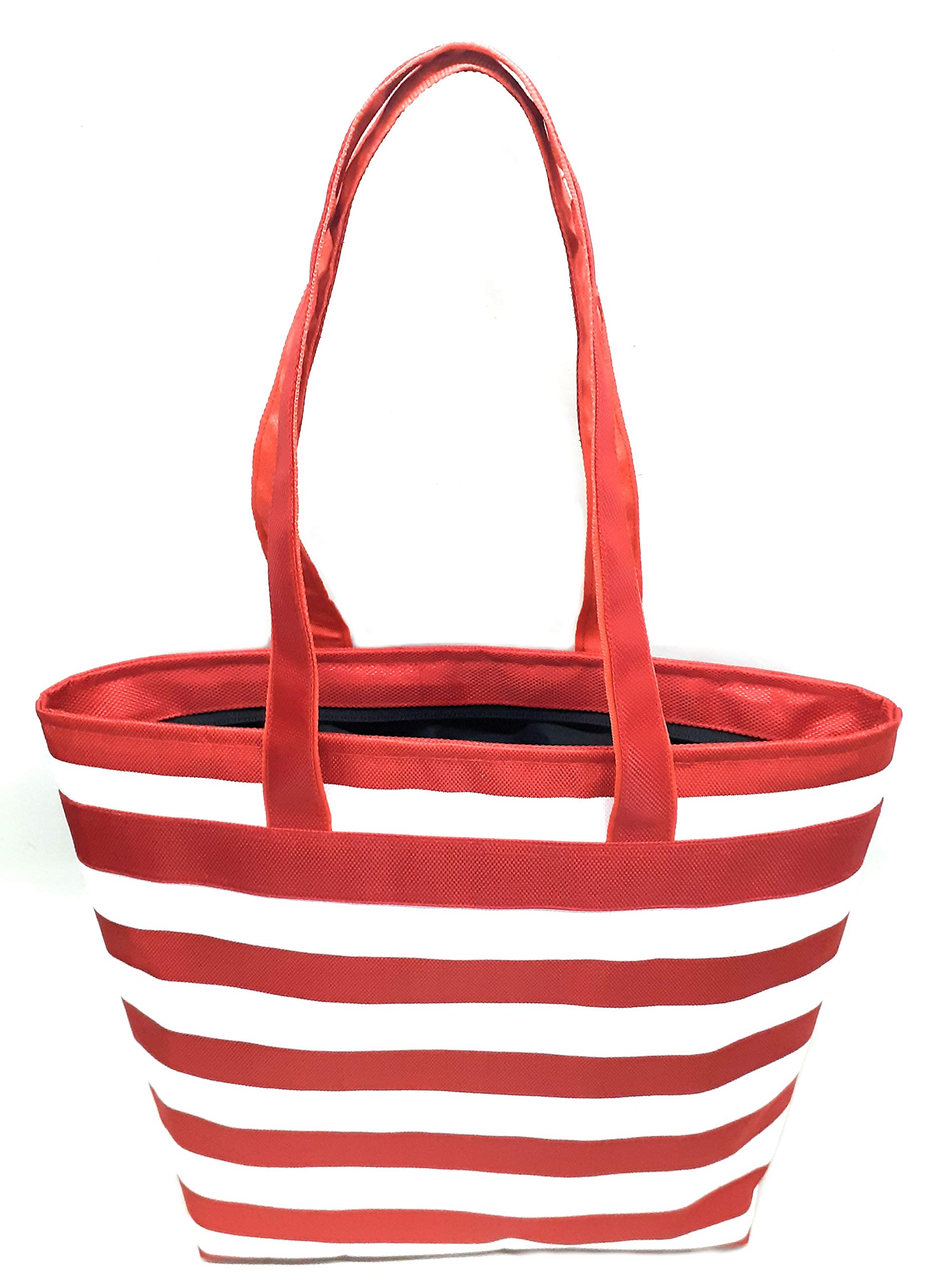 JustoBag Girl's Nylon Fabric Stripes Large Capacity Tote Shoulder Bag (White Red) 2