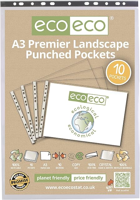 Punched Pocket A3 Landscape Strong Premier 90 Micron Transparent Poly Wallets Glass Clear Sheet Protector Sleeve - 78214 (Pack of 10 x 1)