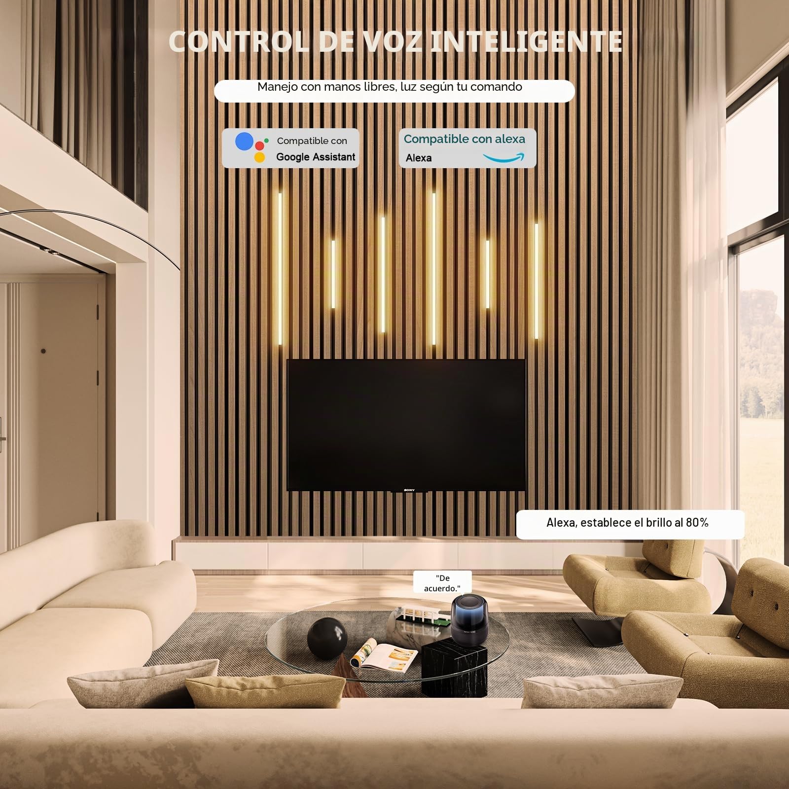 SHUNLEE LED para panel acústico madera, 6 paquetes 2700K-6500K blanco cálido a blanco frío gradable cinta led compatible Alexa, App y control remoto cinta led panel de madera (40 * 2+60 * 2+90 * 2cm)
