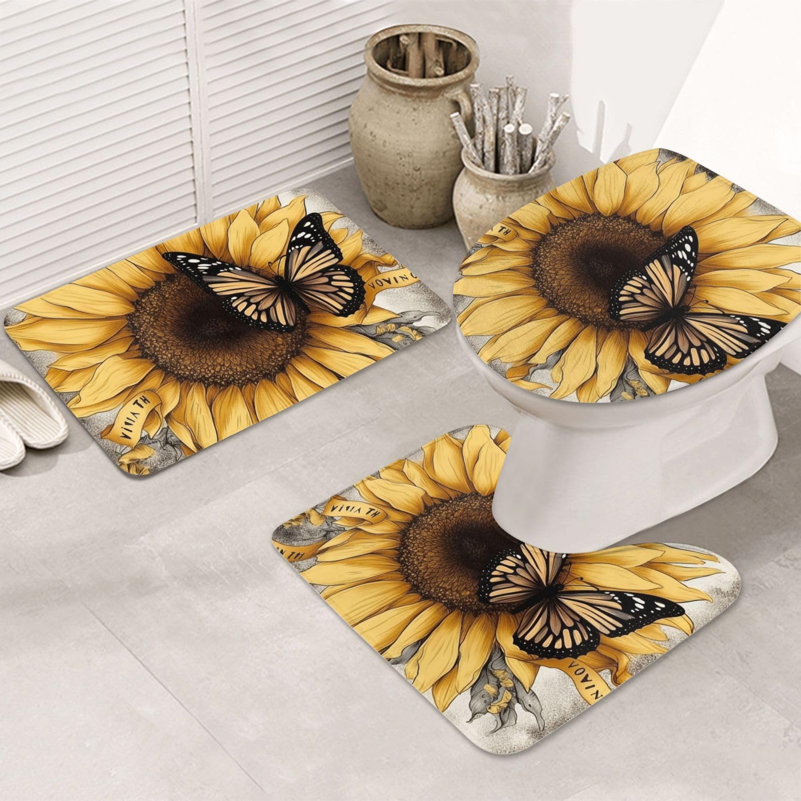 Dwrepo Butterfly and Sunflower Print Bathroom Rug Set 3 Piece with Non-Slip U-Shaped Contour Mat and Toilet Lid Cover for Bathroom Decoration