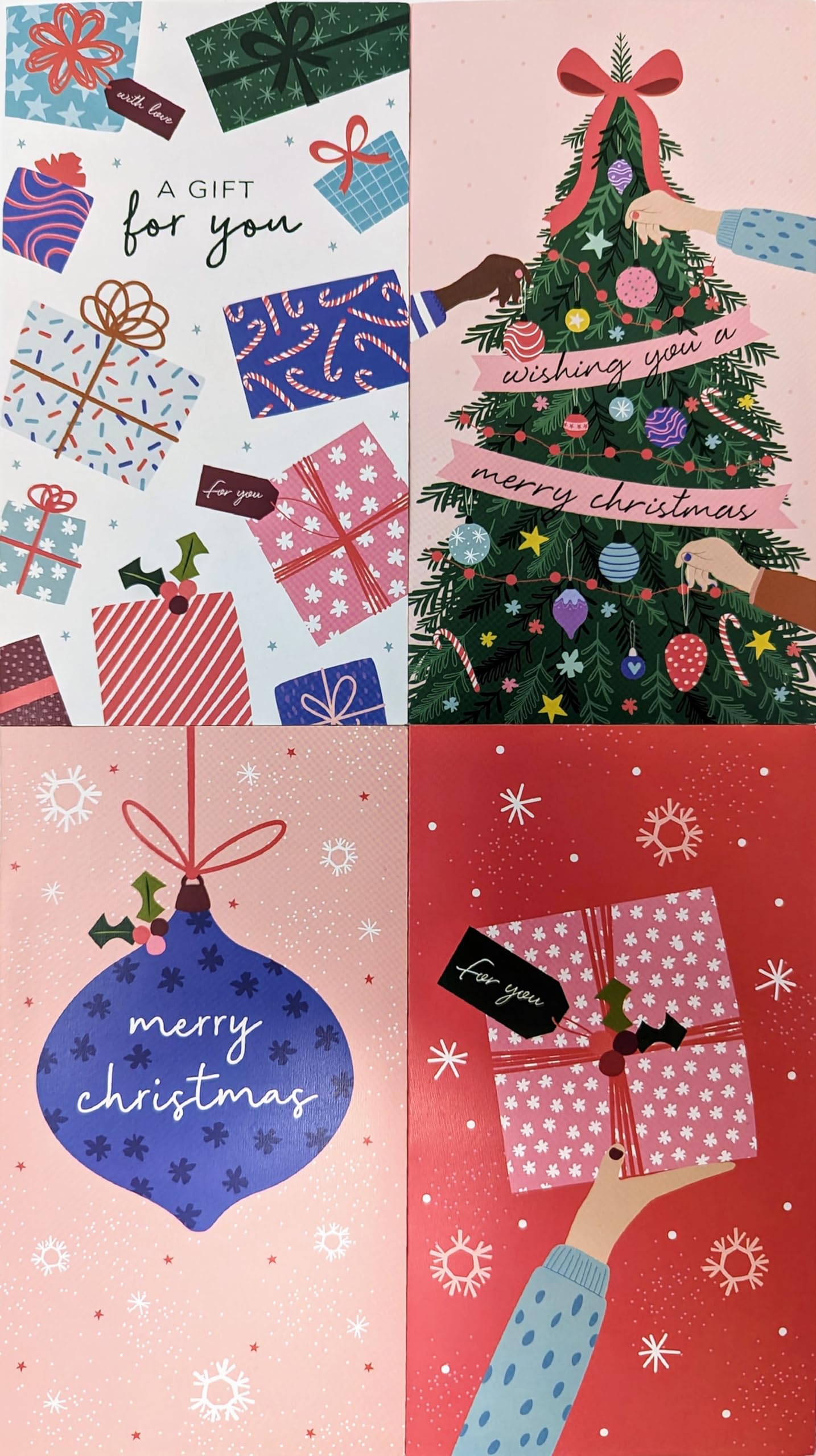 4 luxe kerstgeldportefeuilles met enveloppen, goudfolie, cadeaukaarthouders, recyclebaar, 16 x 9 cm, feestelijke glam-ontwerpen, cadeaubon en geldportemonnees, eco-verpakking