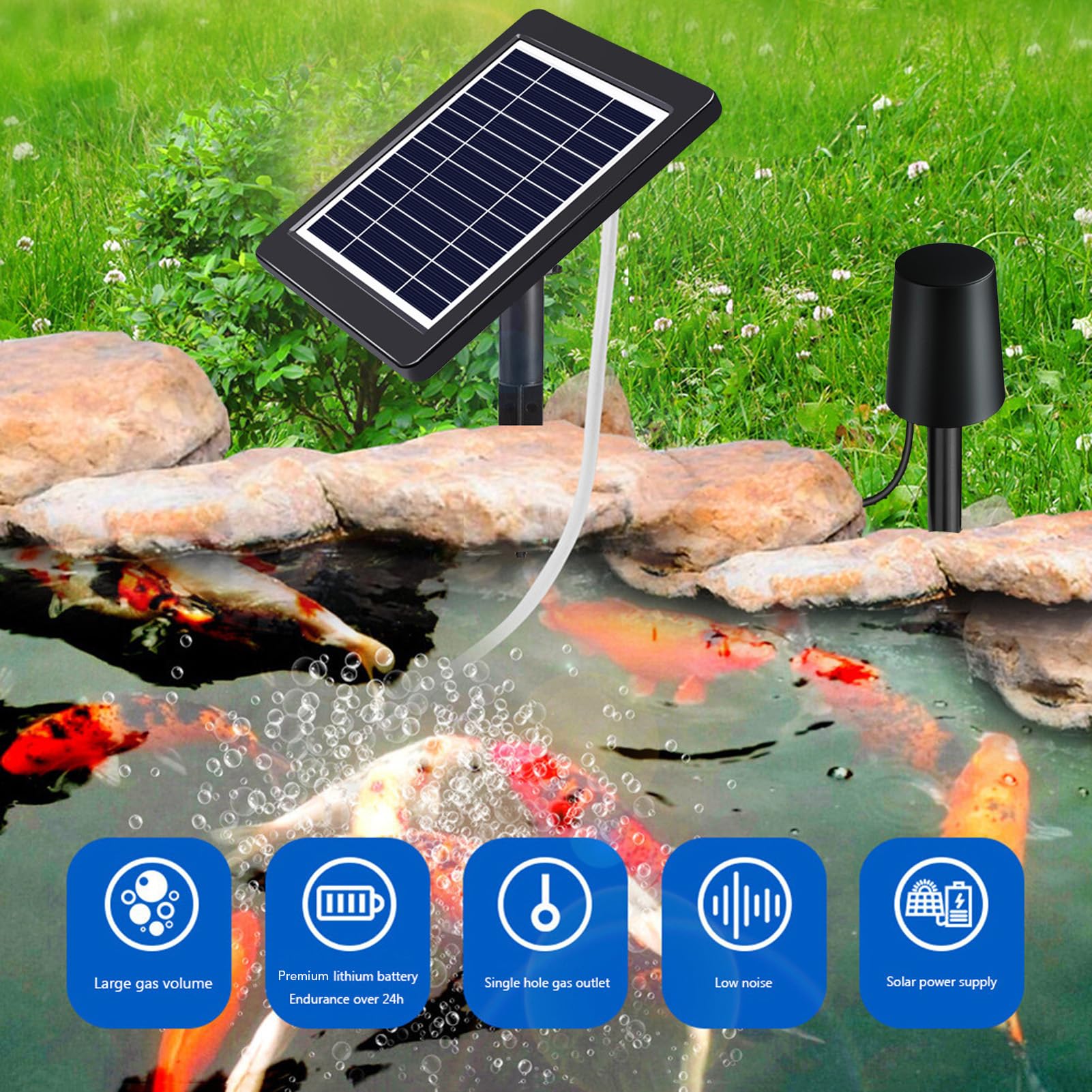 Aramox Solar-Teichbelüfter-Luftpumpen-Set, ABS, Solarbetriebene Luftpumpe, 6 V, 4 W, Panel, 2200 MAh, Batterie, 3 Modi, 0,8 L min. für Fischteich, Aquarium, Outdoor-Angeln