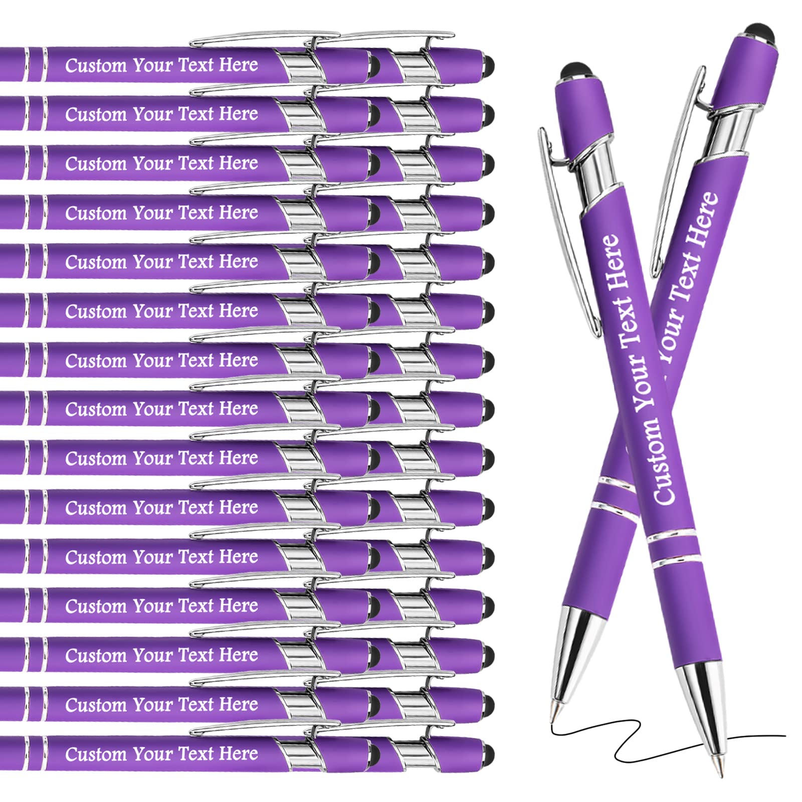 Personalised Pens Bulk Custom Pens with Logo Name 50 Pack Free Engraved Stylus Ballpoint Pens Customised Retractable Pen Message Text Gift for Men Women Black Ink Business Graduation Birthday Purple