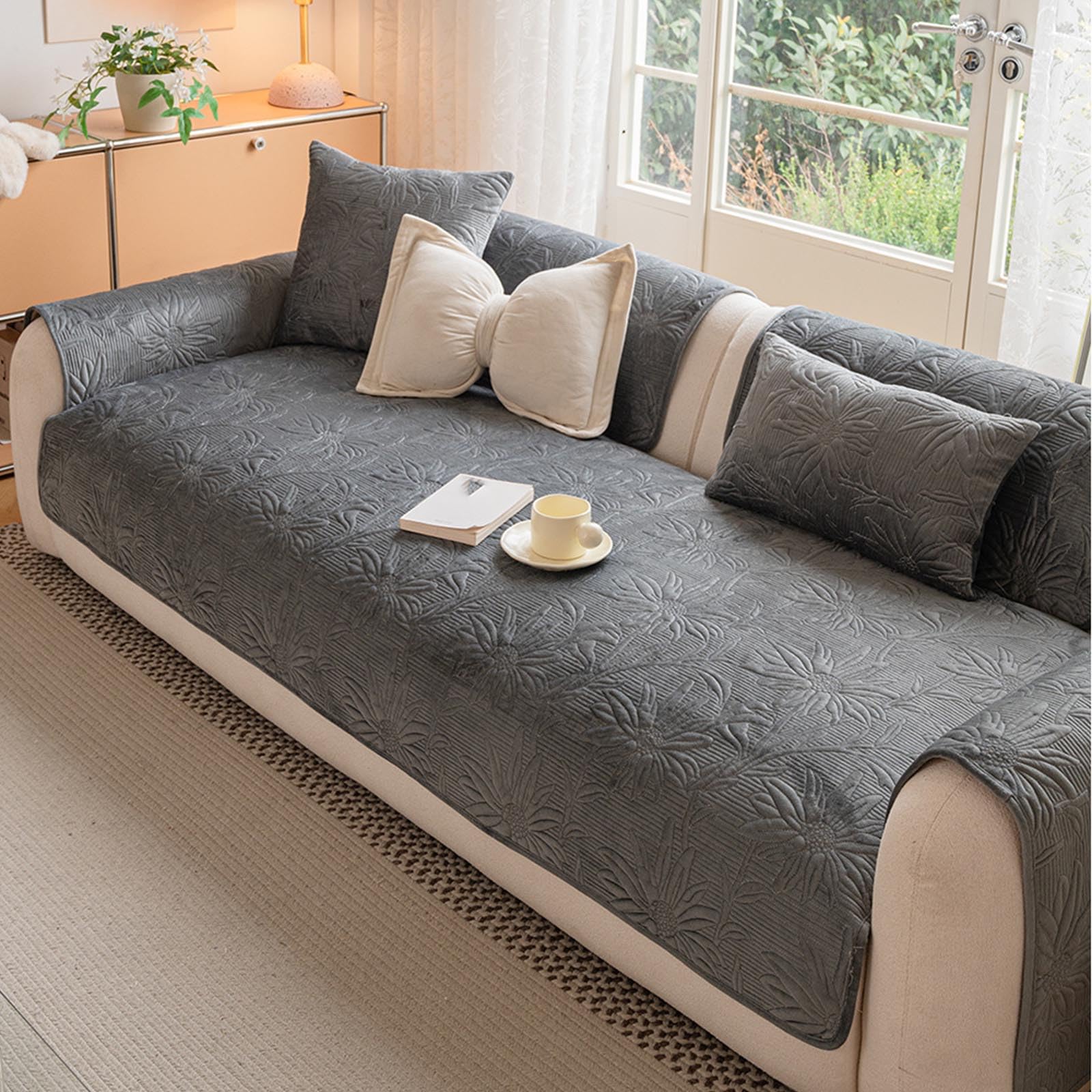 Housse de canapé en velours gris anthracite brodé haut de gamme