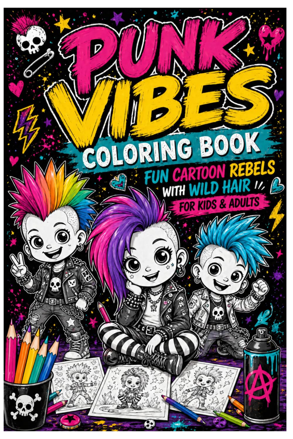Punk Vibes Coloring Book – Fun Cartoon Rebels with Wild Hair for Kids & Adults: 85 bold designs, 173 pages, single-sided prints – creative relaxation, edgy punk characters, perfect for all ages