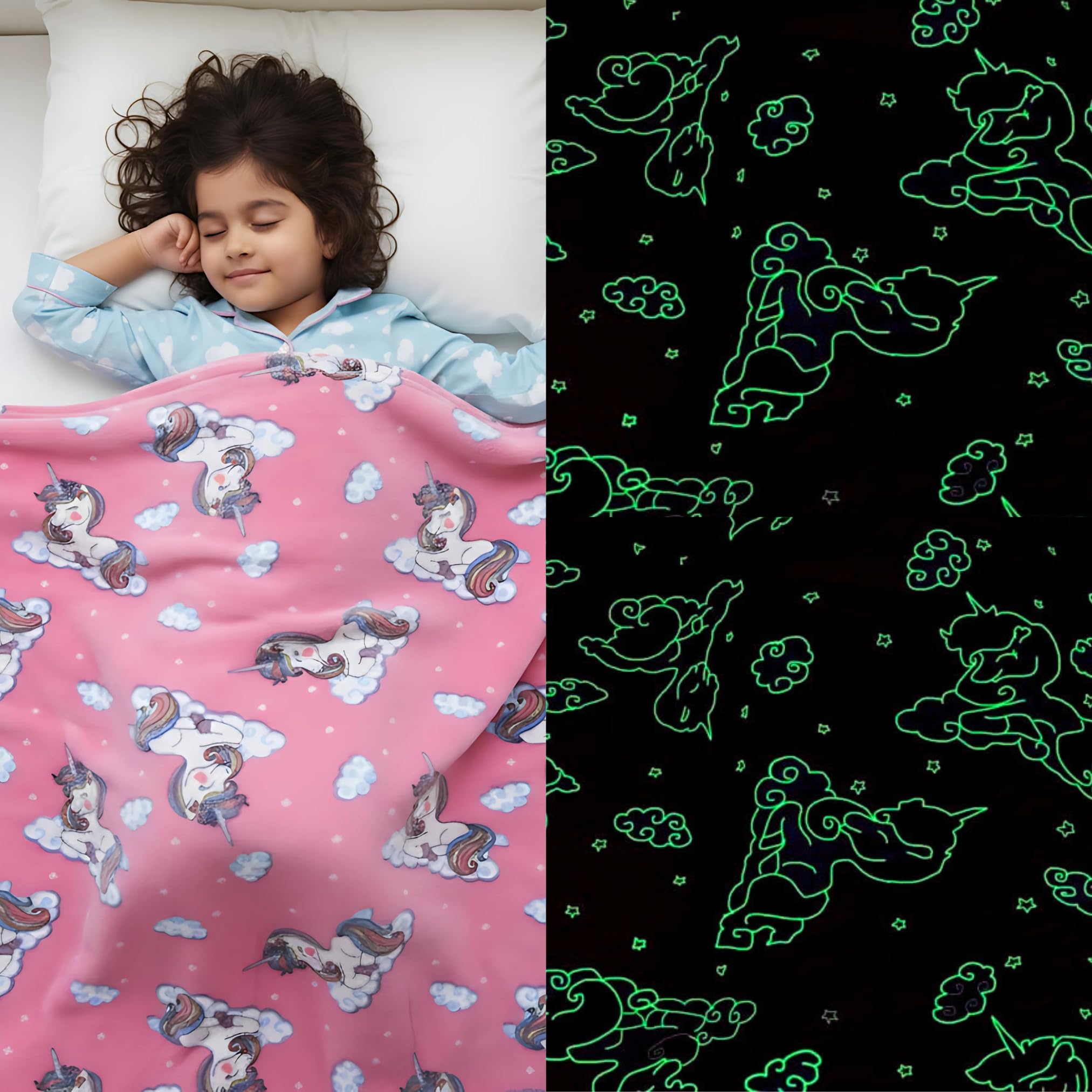 Famyo® Queen Size Glow in The Dark Blanket for Kids - Unicorn | 200x152 cm, 0-15 Years | Soft Flannel Fleece Throw | Cozy & Warm All-Season Glow Blanket | Ideal Gift for Boys & Girls (Light Pink)