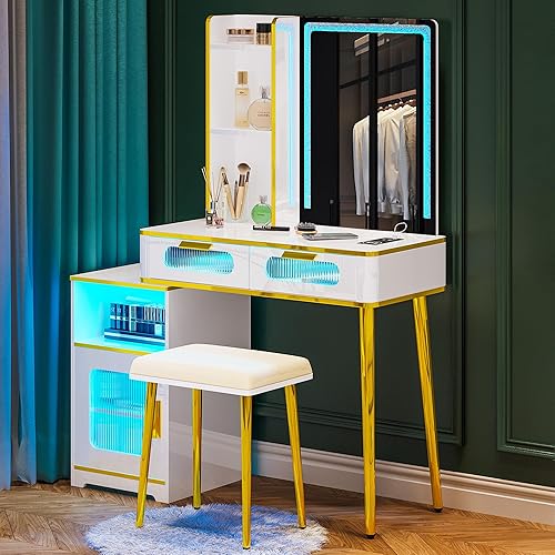 HNEBC Escritorio de tocador con espejo y luces, juego de tocador blanco con USB B & tipo C y carga inalámbrica, tocador de maquillaje con disponible en Yaxa Peru