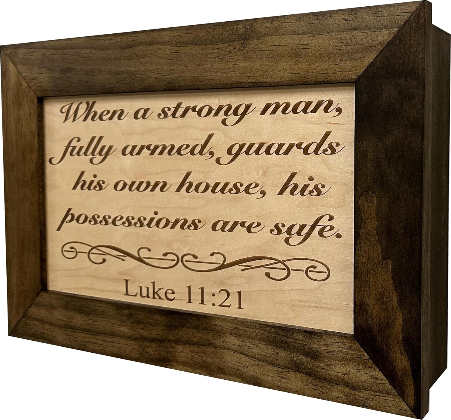 Bellewood Designs Luke 11:21 Wall Gun Safe - Religious Hidden Gun Safe - Handcrafted Concealment Furniture for Guns - Quick Access Firearm Storage with Magnetic Lock - Hidden Shelf Safe