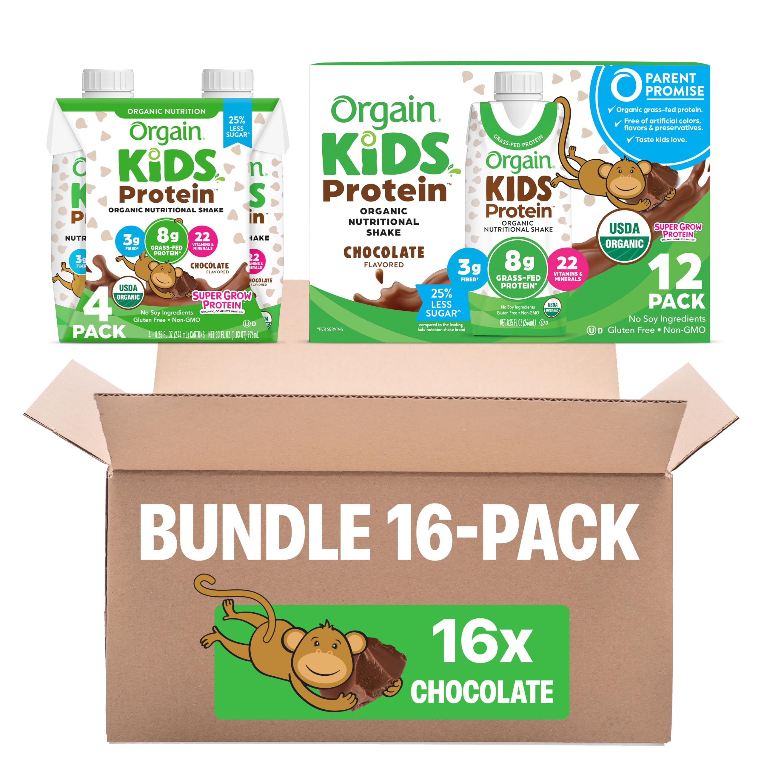 Bundle of Orgain Organic Kids Dairy 8g Protein Shake, Chocolate, 8.25 oz, 12pk + Orgain Organic Kids Dairy 8g Protein Shake, Chocolate, 8.25 oz, 4pk