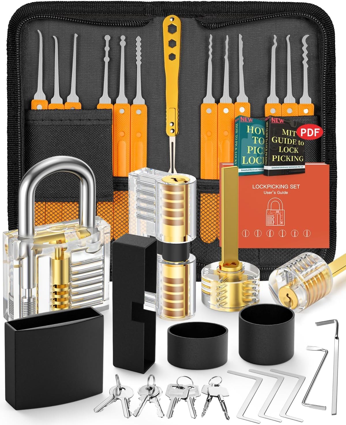 Eventronic Lock Picking Kit, 36-Piece Lock Pick Set with 4 Transparent Training Locks and Manual and Zip Case for Lockpicking, Extractor Tool for Beginner and Locksmith Training(Orange)