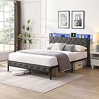 Vista 1 de Full Bed Frame Metal, Charging Station and Led Lights, Upholstered Platform Bed with Heavy Metal Slats, No Box Spring Needed, Noise Free, Easy