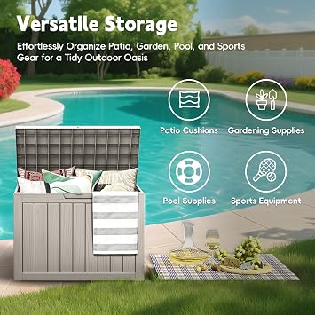 LubanNese Outdoor Storage Box, 50 Gallon Waterproof Resin Deck Box, Storage Bin for Package Delivery, Patio Furniture Cushion, Garden Tools, Pool Accessories, Weatherproof and UV Resistant, Grey