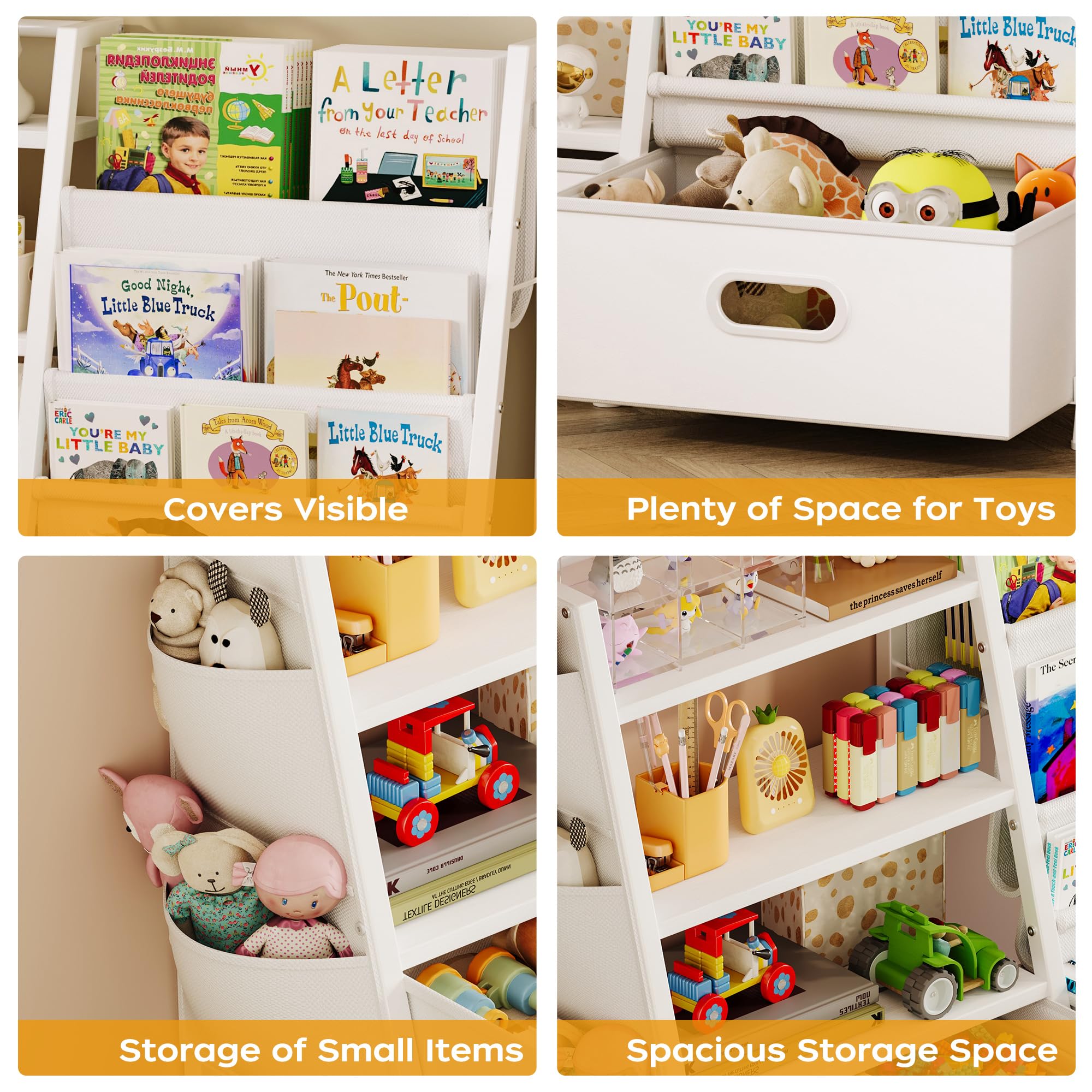 Estantería infantil y organizador de almacenamiento de juguetes, estantería de 3 niveles para niños, estantería con honda y 2 contenedores de juguetes, estante para libros para habitaciones de 7